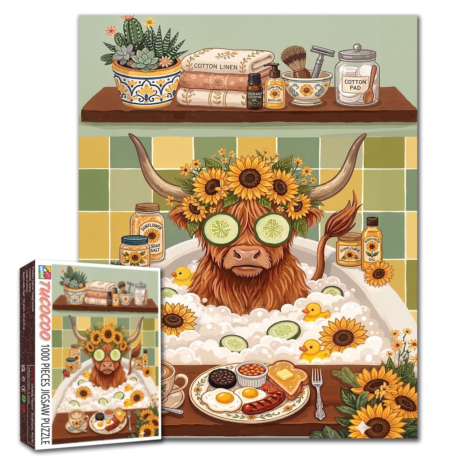 1000 Piece Jigsaw Puzzles for Adults Highland cow Painting Jigsaw Puzzle Bathroom 1000 Pieces Puzzles Game Sunflower Decor DIY Craft Bedroom Decor Animal Puzzle Art