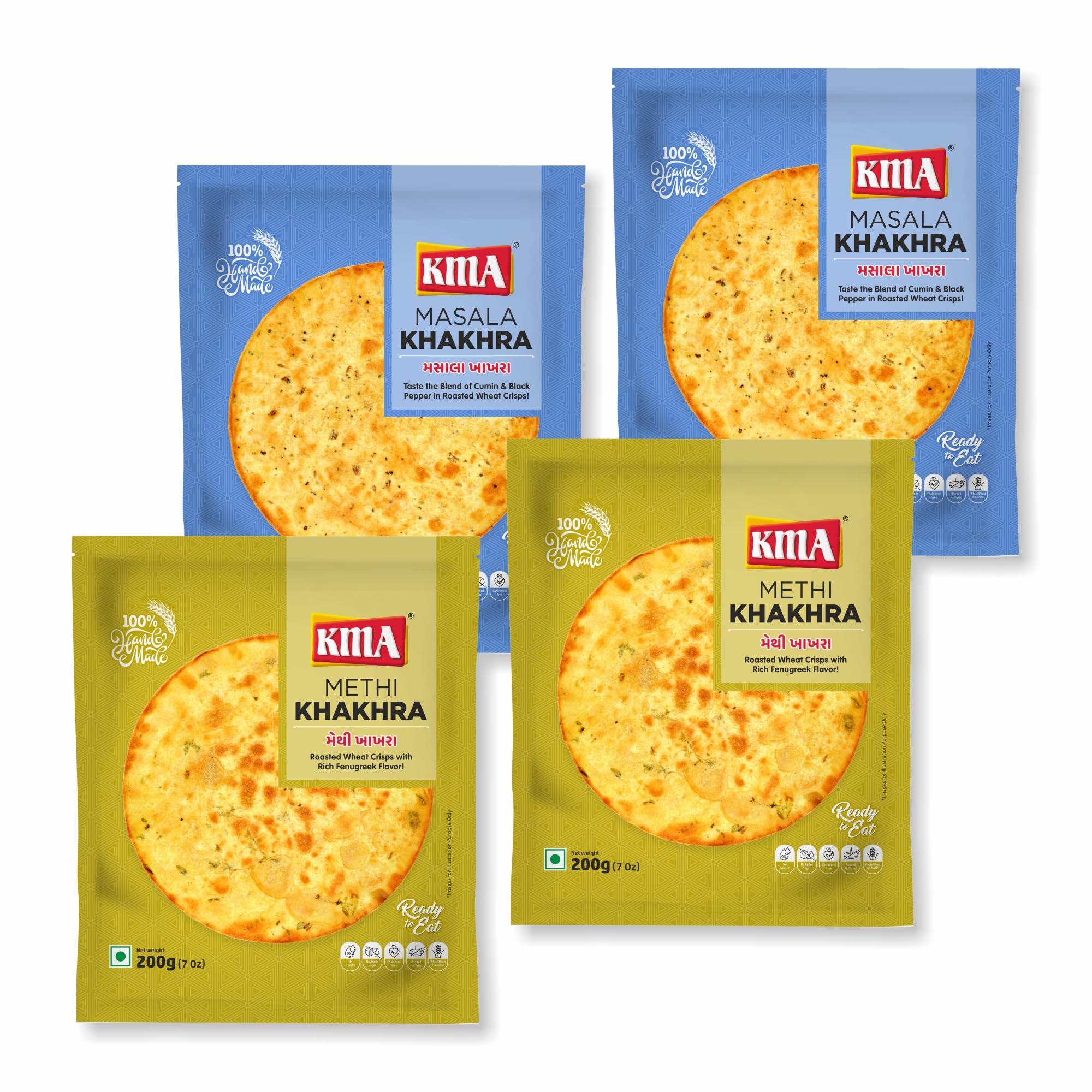 KMA Gujarati Khakhra Combo 800g (4 packs * 200g each) – 2 Methi Khakhra , 2 Masala Khakhra - Handmade Roasted Fresh Snacks , Ready to Eat Indian Whole Wheat Delight , Crispy & Nutritious with Authentic Taste , Healthy Diet , Low Calorie Anytime Snack