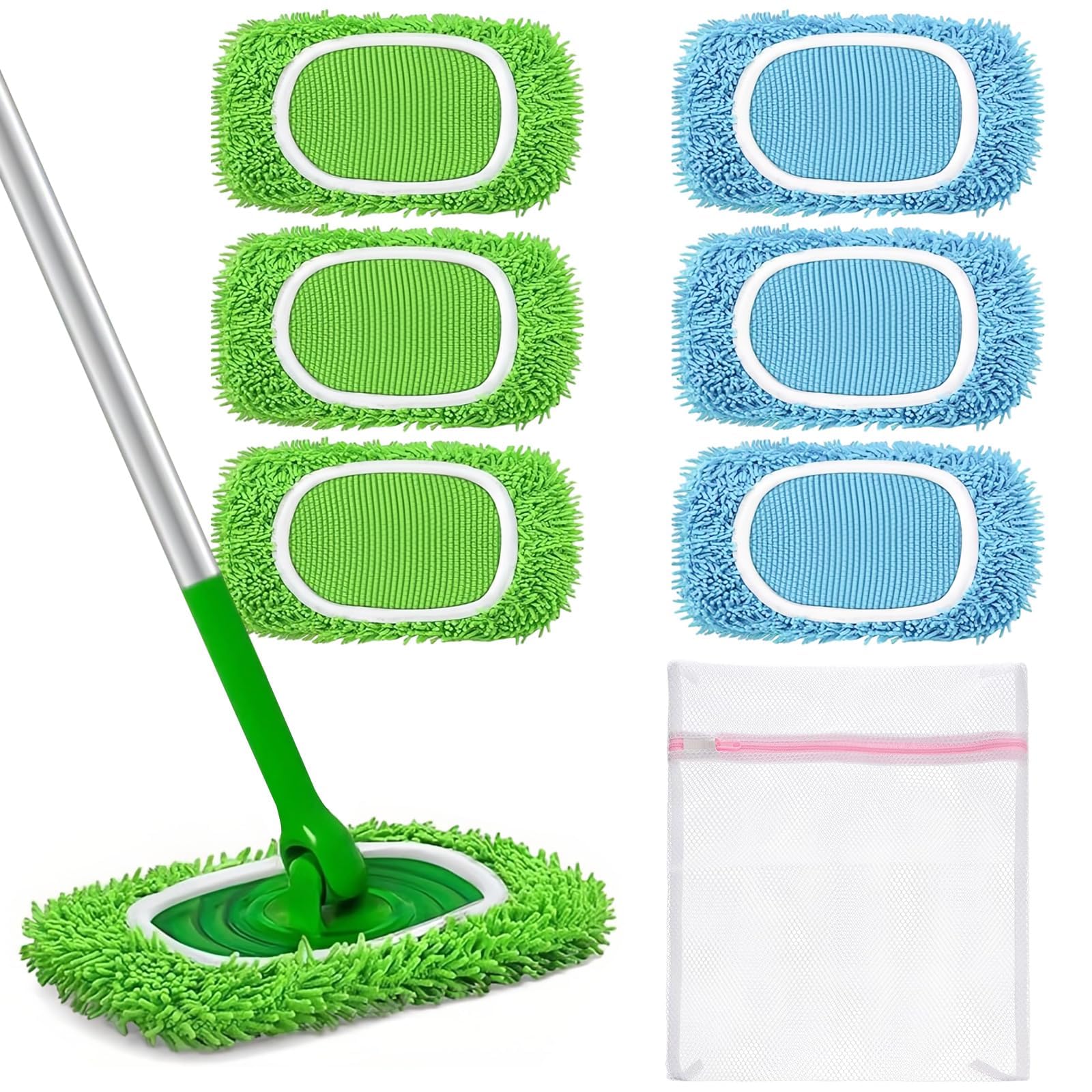 TIANLIN Lingettes Réutilisables Swiffer WetJet Vert/Bleu - Lot de 6, Lavables en Microfibre, 25x11cm