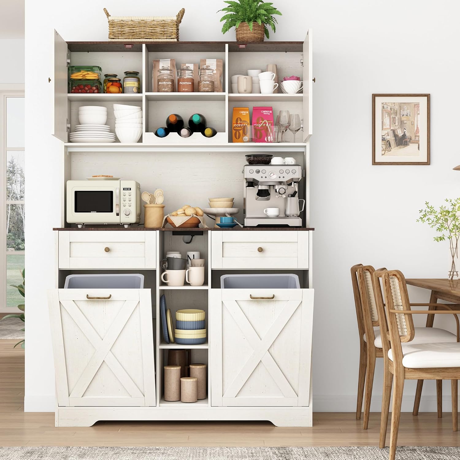 71" Tall 47"Wide Kitchen Pantry Storage Cabinet with Power Outlets,Farmhouse Kitchen Double Tilt Out Trash Cabinet 10X2 Gallon Garbage Holder with Two Drawers,Freestand Laundry Sort Cabinets(White)