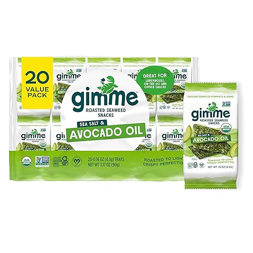Gimme Seaweed Organic Premium Roasted Seaweed Snacks, Sea Salt & Avocado Oil, 20 Count, Keto, Vegan, Gluten-Free, Great Source of Omega3s and Iodine, Healthy On-The-Go Snack for Kids and Adults - #2 Sea Salt & Avocado Oil