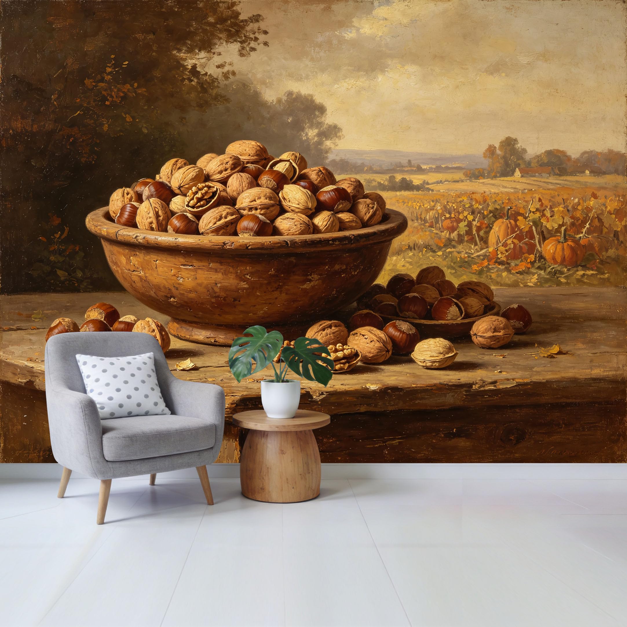 Qzlithotic Yq2605251011 Custom Size Wall Mural Harvest Walnuts And Chestnuts Still Life Oil Painting Farmhouse Style Selfadhesive Wall Fabric Removable Wallpaper For Home Office Decor