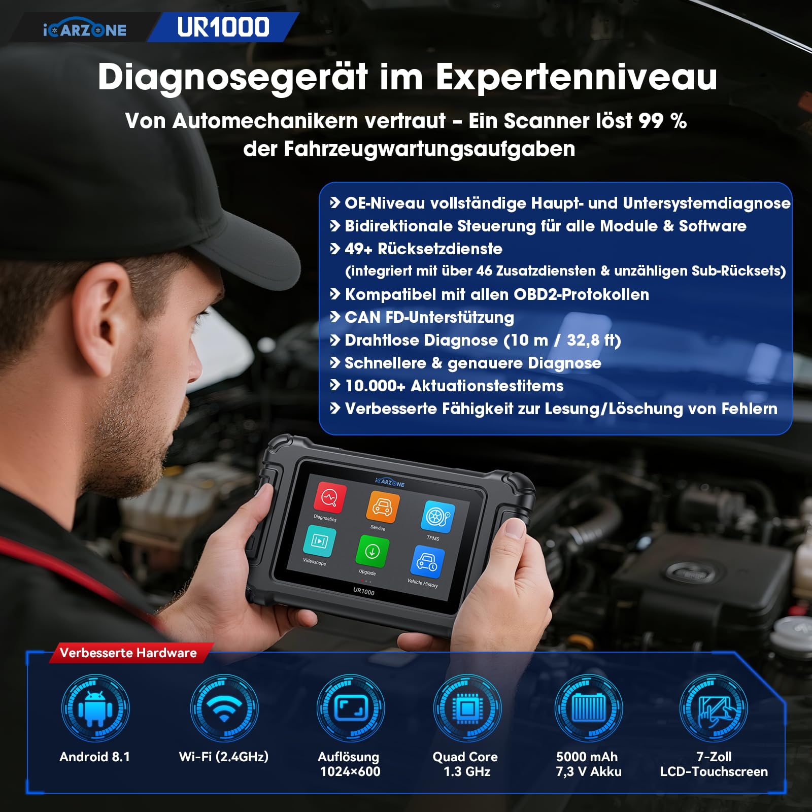 UR1000 OBD2 Diagnosegerät Bluetooth, Auslesegerät Auto mit Alle Systemdiagnosen, 50 Resets KFZ Diagnosegerät, 10000+ Aktivierungstests, ECU-Kodierung, TPMS-Program, CANFD, Online-Updates