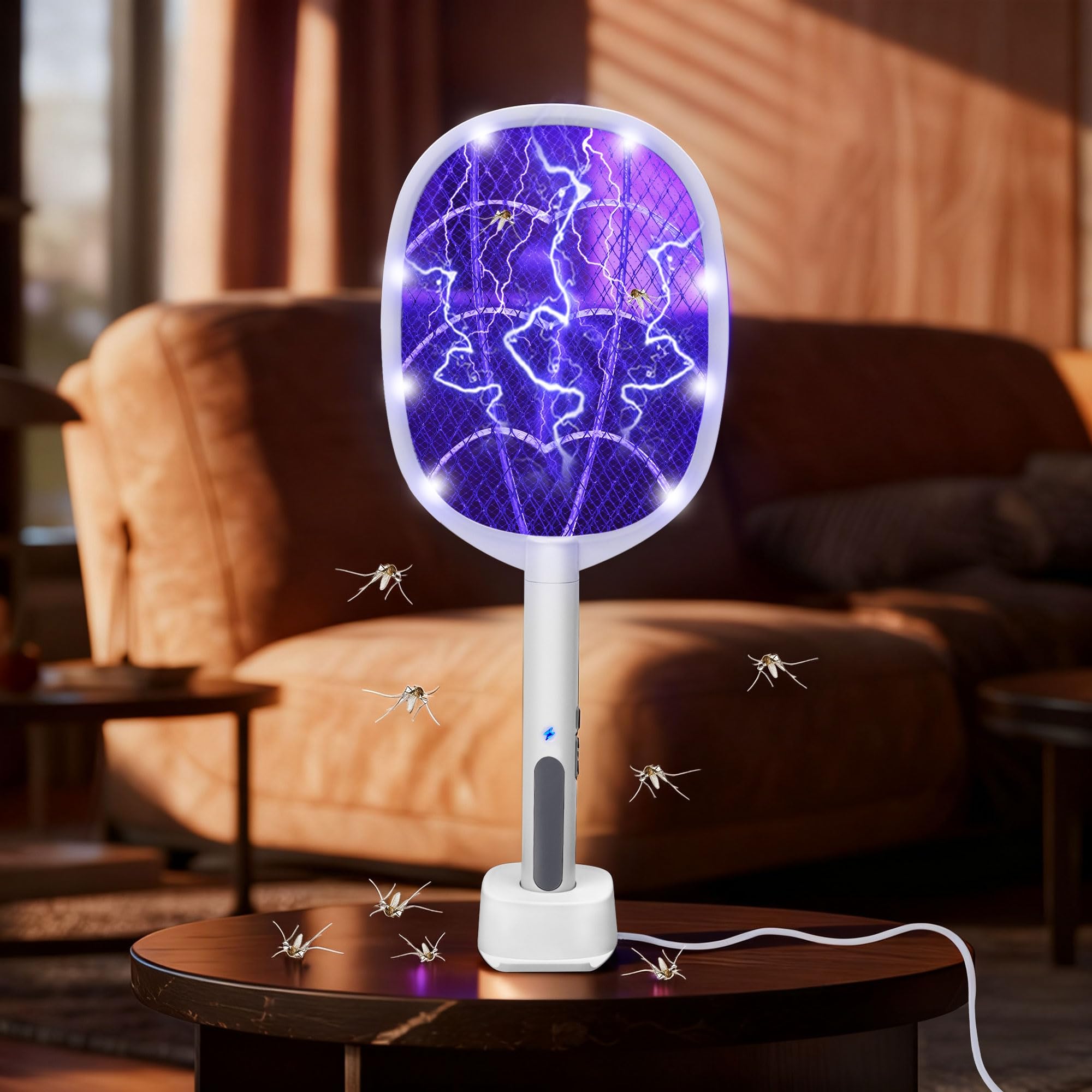 Phosooy 3 confezioni di racchette elettriche 2 in 1 con presa a mano e ad alta tensione da 3000 V, trappola per insetti con rete di sicurezza a 3 strati, portatile, per uso interno ed esterno