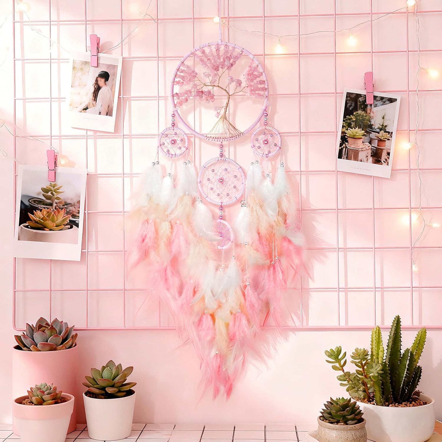 Large Pink Dream Catchers,Crystal Tree of Life Dreamcatcher,Perfect Pink Crystal Handmade Dreamlike Dream Catchers for Girls Bedroom Decor Art Craft Gift (Pink)