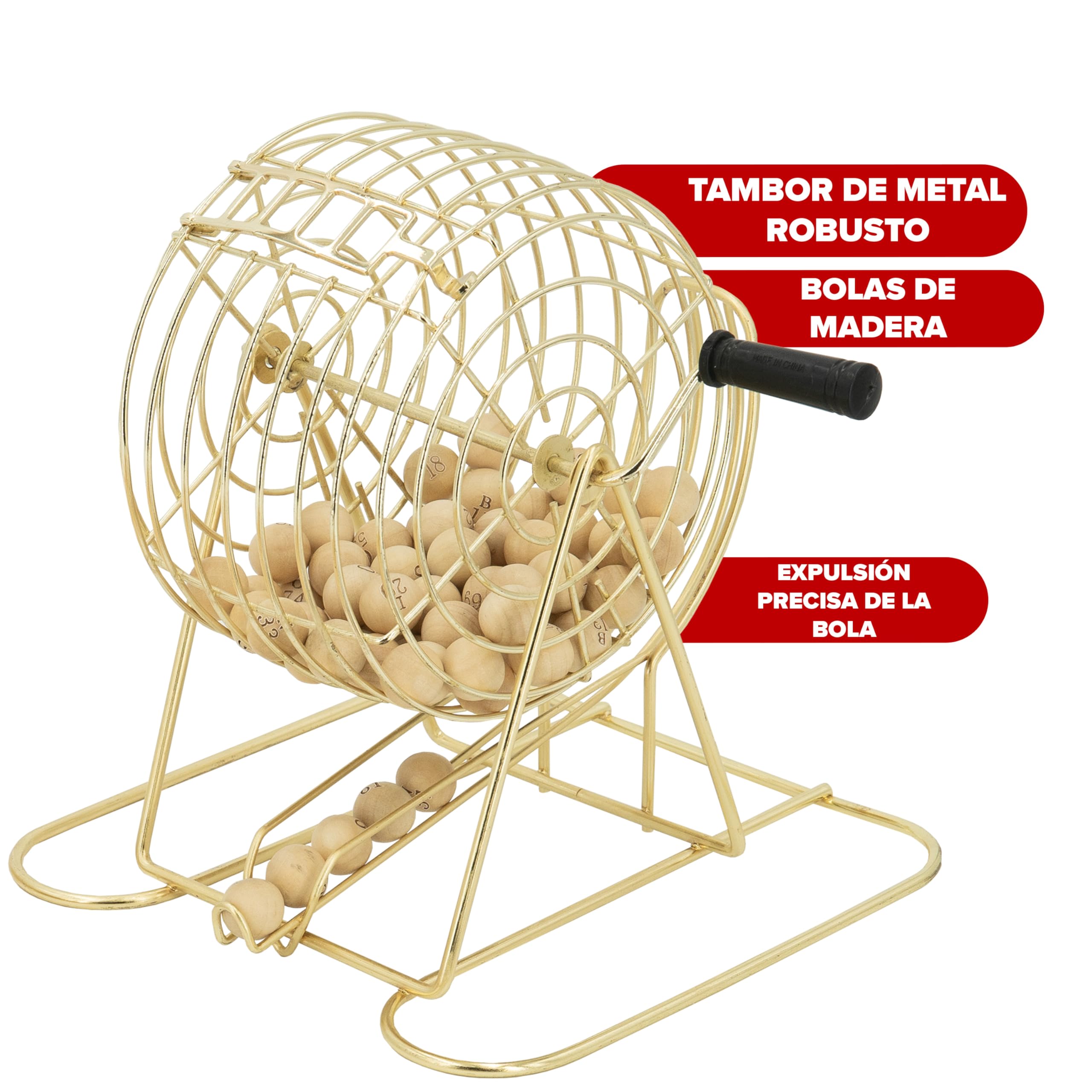 Kyto Gran Juego de Bingo Dorado de Metal con 150 fichas, 75 Bolas de Bingo y Tablero de Juego de Madera, 18 Tarjetas de Bingo estables + 500 Tarjetas de Bingo de Papel para Adultos y niños