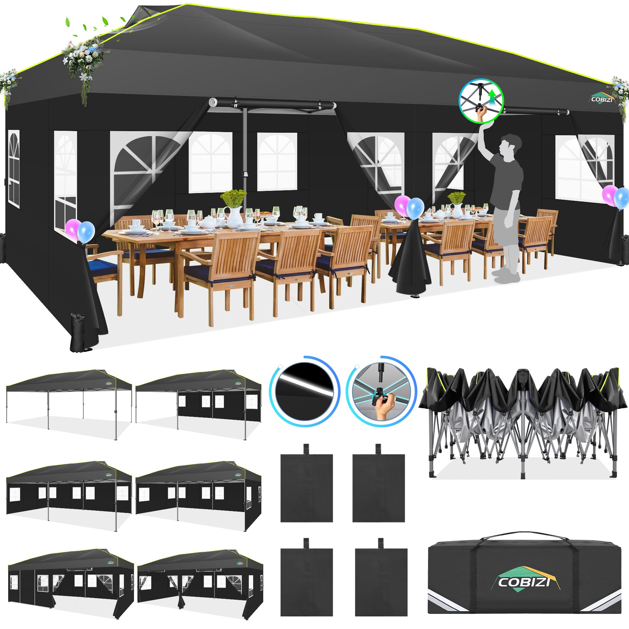 COBIZI Tonnelle Pliante 3x6, Tonnelle de Jardin Exterieur, Imperméable Tente de Reception avec 6 Panneaux Latéraux, Protection UV 50+, Tonnelle de Jardin pour Fêtes Commercial Mariage,Noir