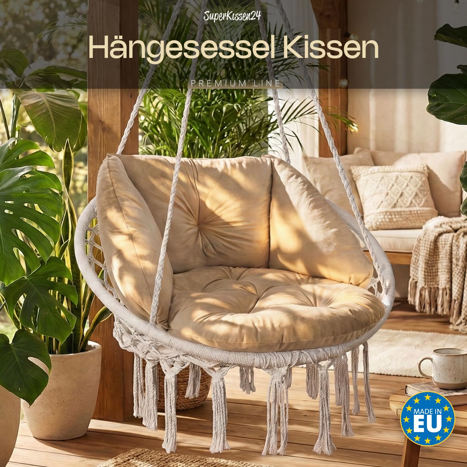SuperKissen24. Kissen für Hängesessel, Hängestuhl - Runde Sitzkissen mit Silikonfaser - Kissen für Hängeschaukel aus Samtstoff - Hängesitz - Indoor & Outdoor - Dekokissen für Allergiker - Beige