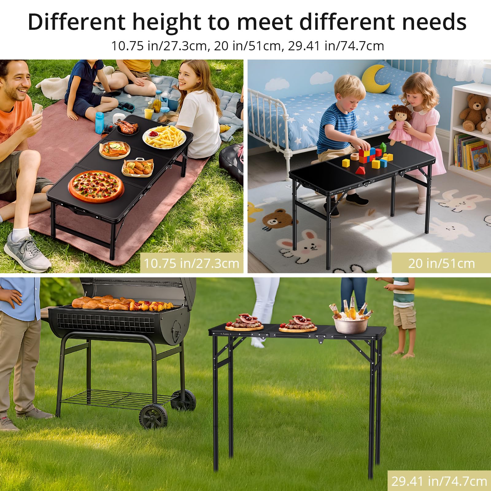 Anbte Table de Camping Pliante 90 x 40 cm avec 3 Hauteurs Réglables Jusqu’à 74,7 cm, Table d’Appoint Stable en Aluminium avec Plateau MDF, Charge 30 kg, Portable pour Camping, Pique-Nique et Jardin