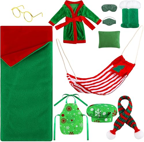 11 piezas de saco de dormir accesorio de Navidad para muñeca elfo, incluye muñeca de Navidad, saco de dormir, albornoz, delantal, sombrero de chef,