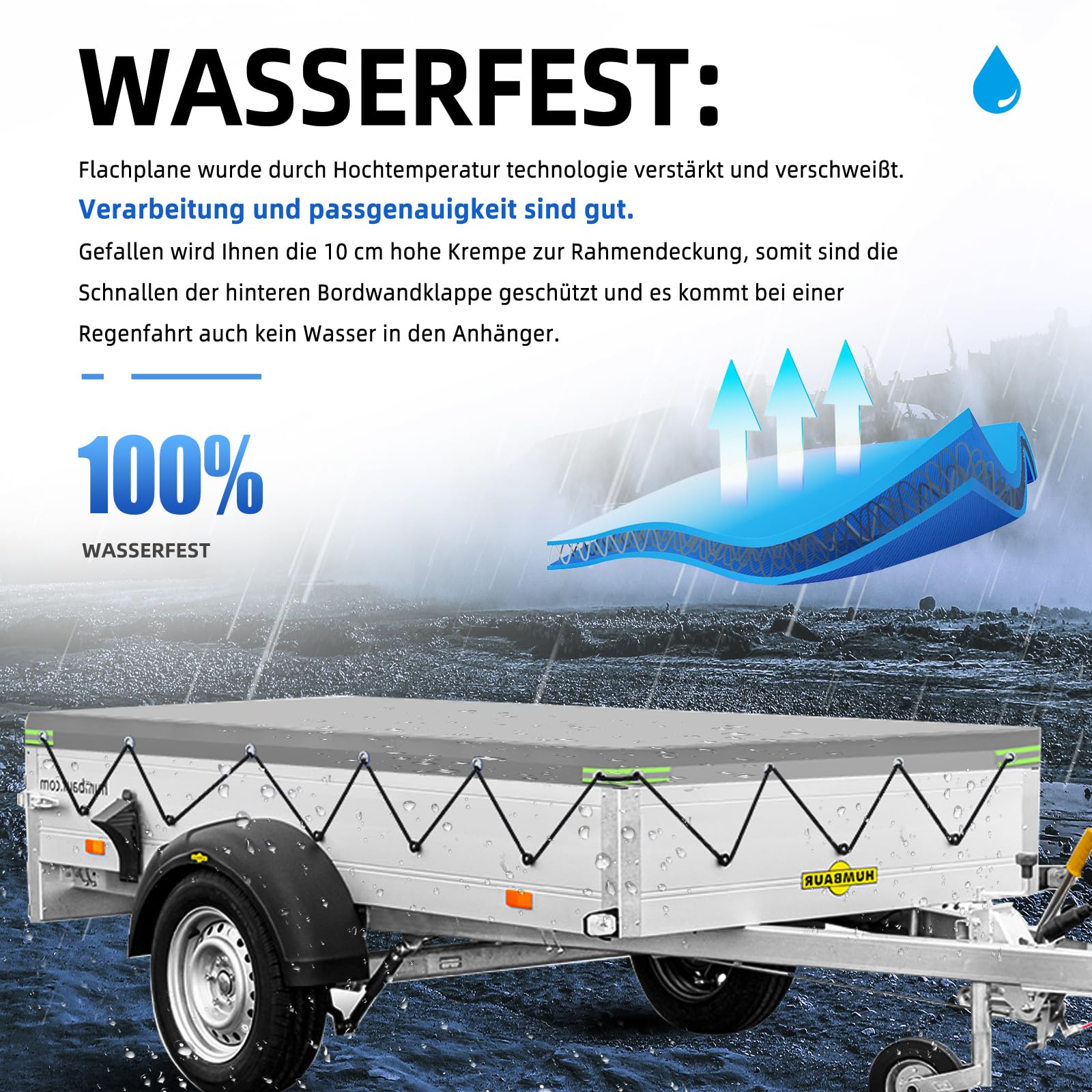 Lona Impermeable 150x105cm, Lona Remolque con Cuerda, Ideal para Norauto Regular 100/200, Erde Classic 153, Erde DAXARA 158, Trelgo NLC 1510, DDR HP 400, 401, 500 & 600 Remolque