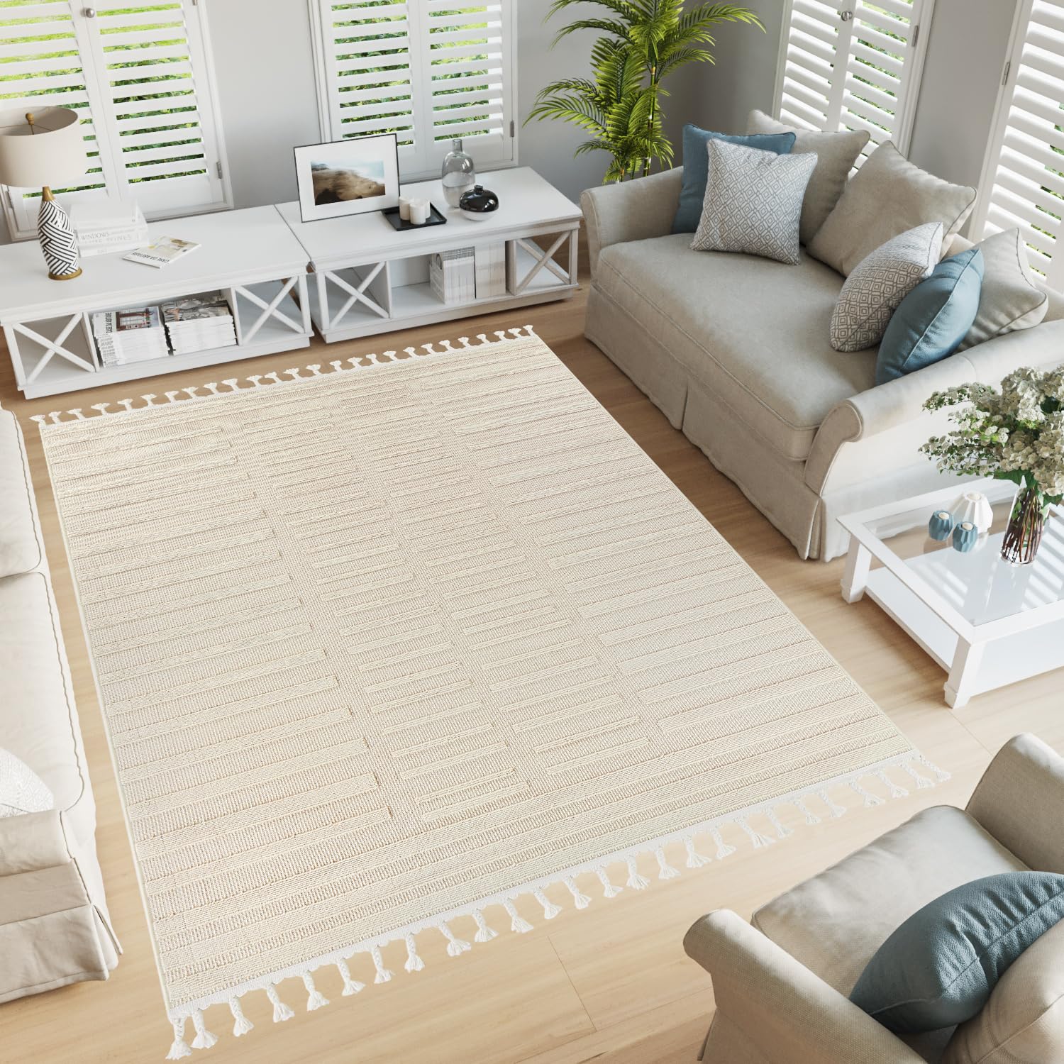 TAPISO Rio Loop Tapis Extérieur Intérieur à Franges Terrasse Balcon Jardin d'hiver Salon Cuisine Moderne Crème Rayé Aspect 3D Résistant aux Intempéries Oeko-TEX 200 x 300 cm