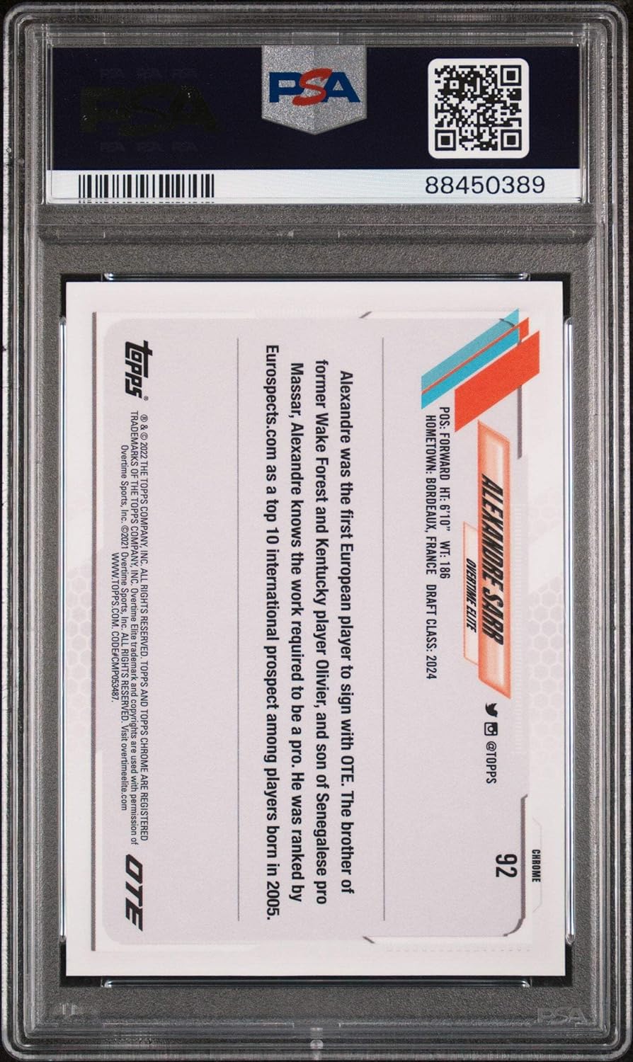 Graded 2021 Topps Chrome Alexandre Sarr #92 Overtime Elite Rookie RC Basketball Card PSA 10 Gem Mint