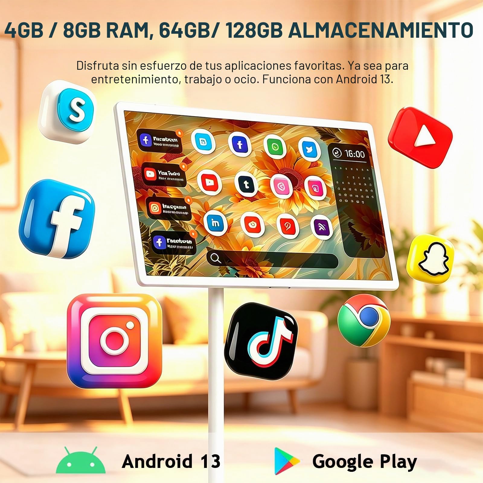 Smart TV Portátil con Ruedas, Pantalla Táctil Inteligente 21.5"/24"/27"/32" con Batería, Soporte TV de Pie Ajustable, Tablet TV Rotativa 21.5in-4+64GB
