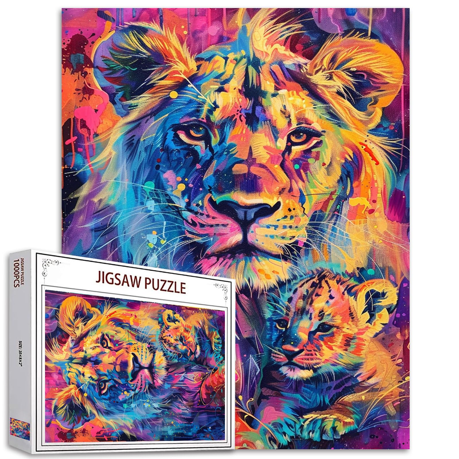 Retro Lion Jigsaw Puzzles 1000 Pieces for Adults,Graffiti Animal Family Puzzles for Adults Unique Shape 1000 Pieces Wildlife Puzzles Neon Style Puzzles Arts GIF — image 1