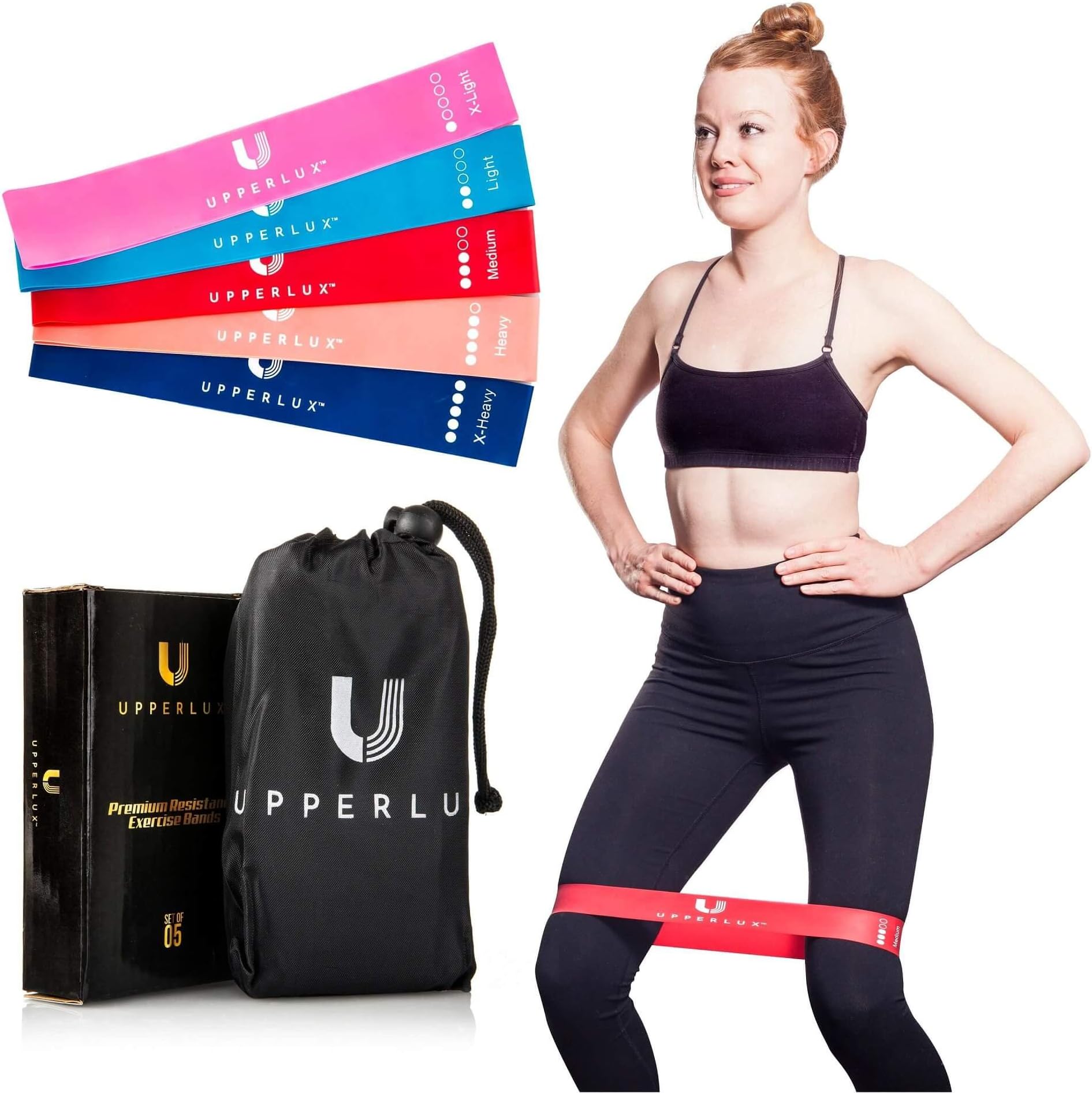 Upperlux Premium Resistance Exercise Loop Bands - Set of 5 with Carry Bag - Gym Strength Training, Home Workout and Physical Therapy