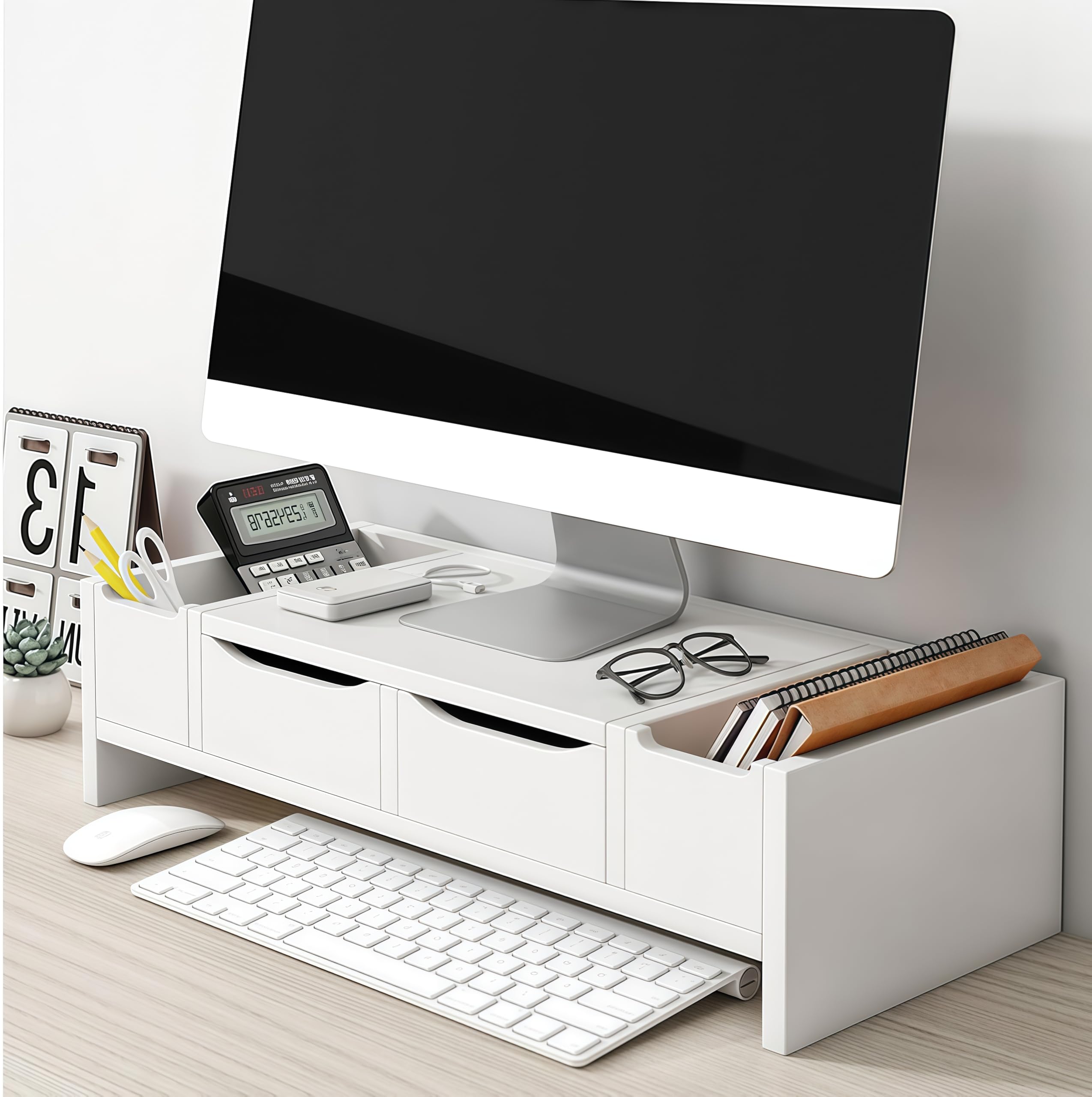 Ergon - Supporto salvaspazio in legno per monitor con cassetto, 2 ripiani, per computer e TV a schermo piatto, per uso domestico e ufficio