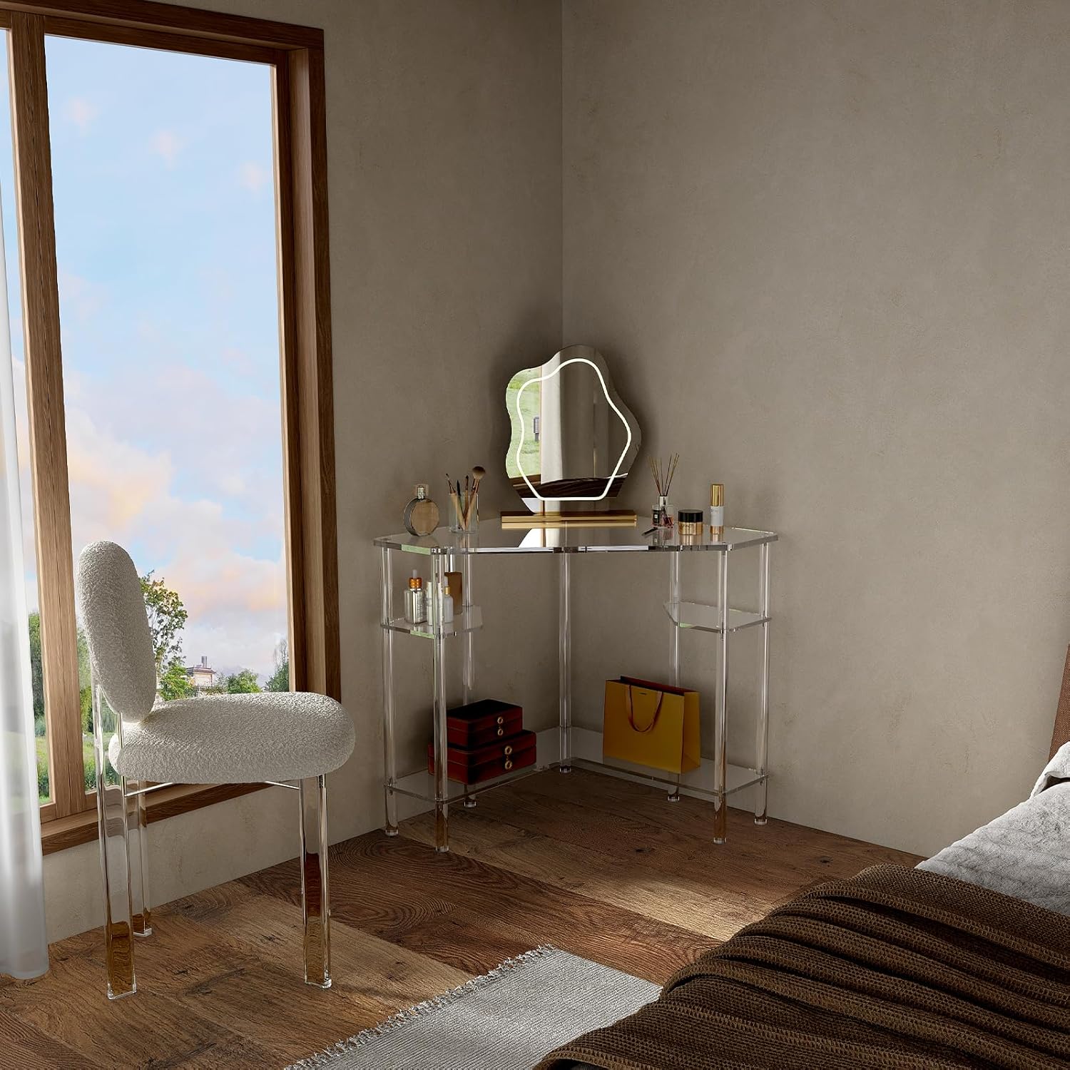 Eglaf Acrylic Triangle Corner Desk - 90-Degrees, 28.5 x 28.5 inches, Home Office Desk with Storage for Small Space, Easy Assembly