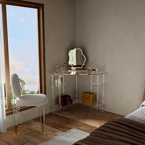 Miniatura 8 de Eglaf Escritorio esquinero triangular de acrílico, 90 grados, 28.5 x 28.5 pulgadas, escritorio de oficina en casa con almacenamiento para espacio