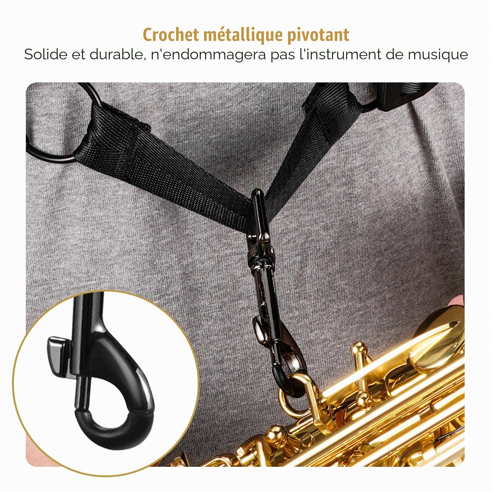 POGOLAB Sangle Saxophone, Harnais Sangle de Saxophone, Support de Saxophone en Cuir Souple avec Crochet en Métal, Sangle à Vent Universel Réglable pour Saxophone Alto Saxon Tenor Soprano