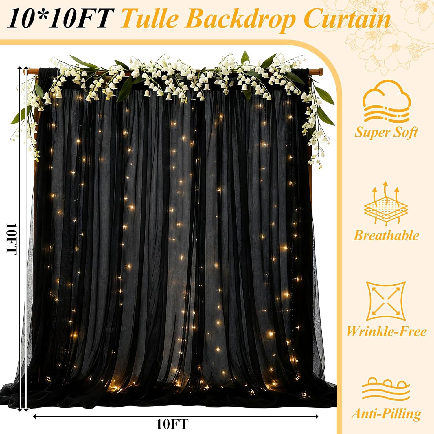 Ledido 10×10ft Black Tulle Backdrop Curtains with Lights String - 300LED Fairy Lights Sheer Curtain Backdrop for Wedding Baby Shower Photo Shoot Birthday Party Decoration(2 Panels 5×10ft)，Black