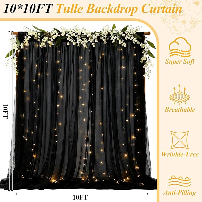 Ledido 10×10ft Fondo de Tul Negro con Luces 300LED - Decoración para Bodas y Fiestas miniatura 2