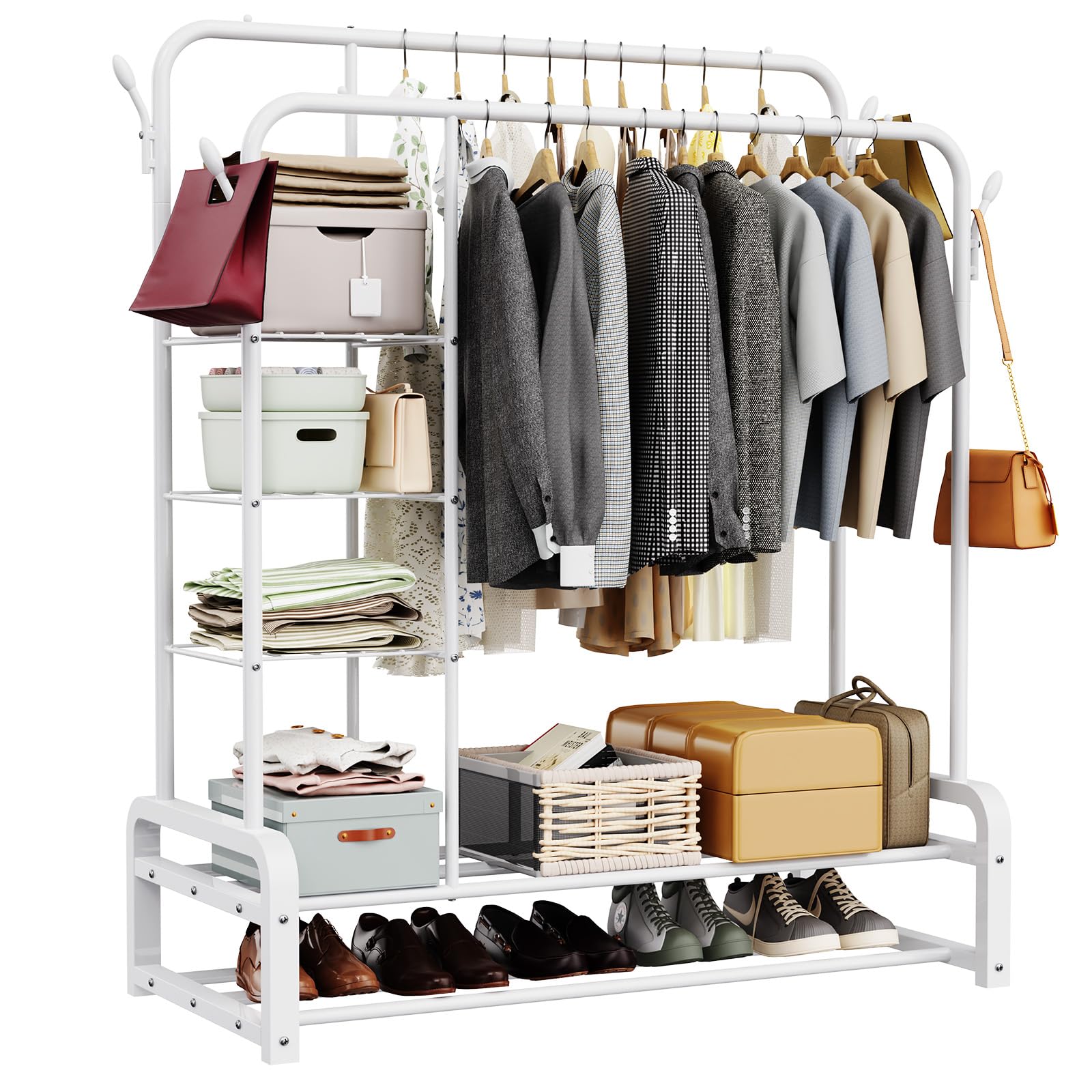 LOEFME Clothes Rail with 4 Hooks and Storage Shelves, Heavy Duty ...