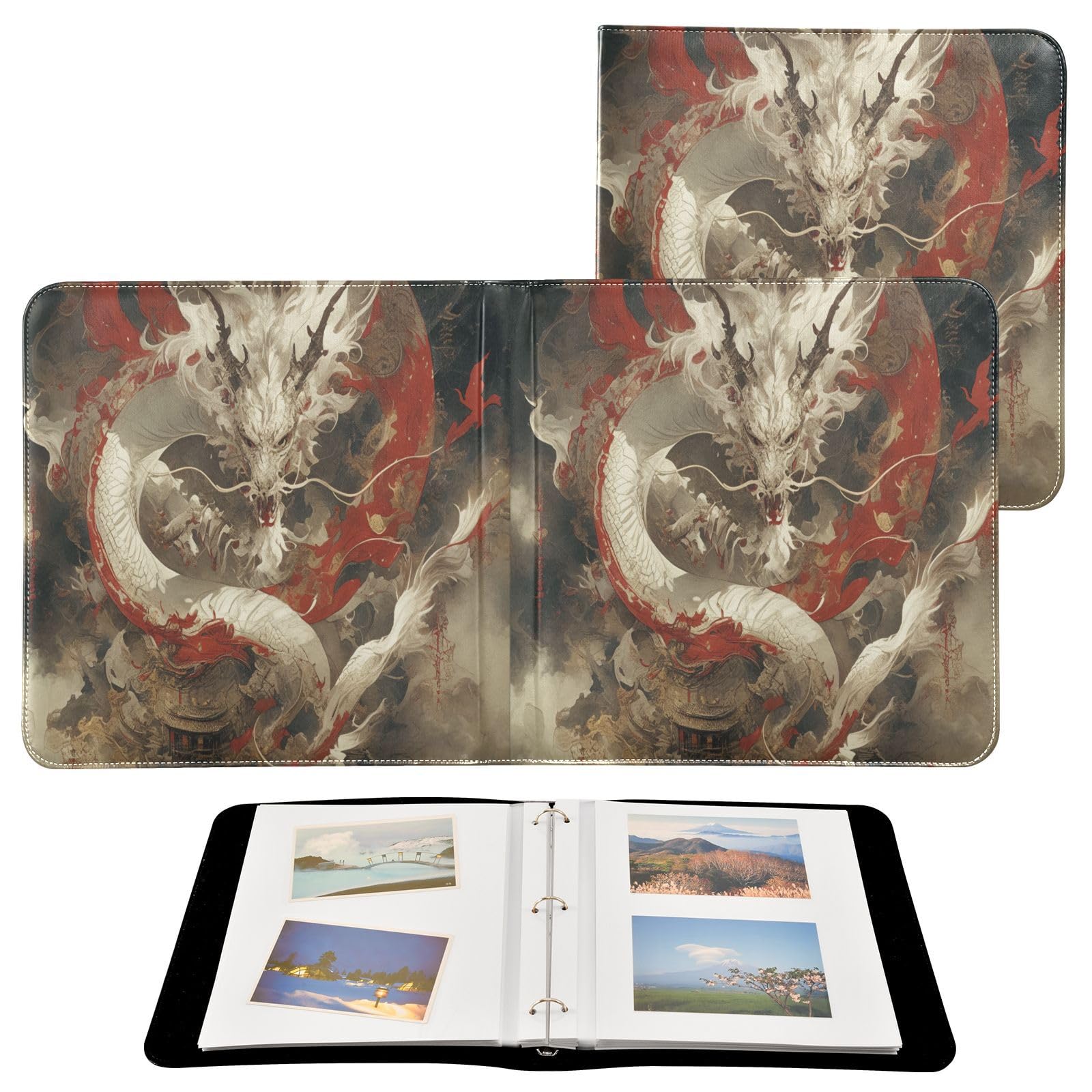 Kigai Chinese Dragon Photo Album Self Adhesive Scrapbook Album Leather Cover DIY Picture Scrap Book with 20 Adhesive Sheets, 11.8x24x0.8 inch