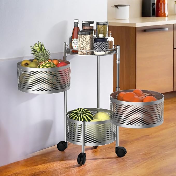 Kuber Industries Kitchen Storage Rack 3-Tier Round Multipurpose Storage Trolley with Wheels Rotating Vegetable Rack Metal Fruit Rack Silver
