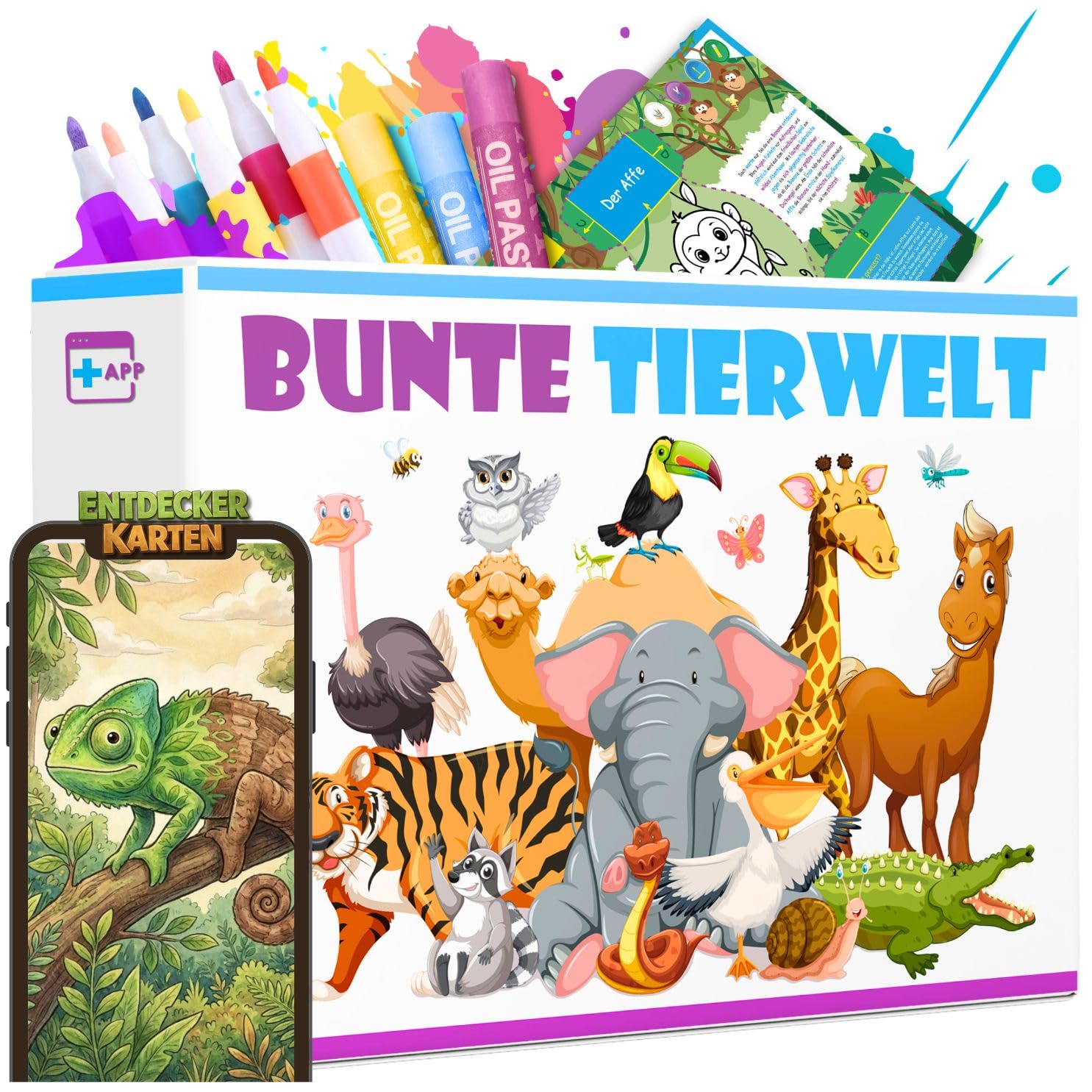 Bastelset und Malset mit App für Kinder – Bunte Tierwelt mit 48 Acrylstiften & 48 Ölpastellkreiden – Bastelbox für Jungen und Mädchen, Kunst & Bastelaktivität, für Kinder 3 bis 8 Jahren - Premiumbox