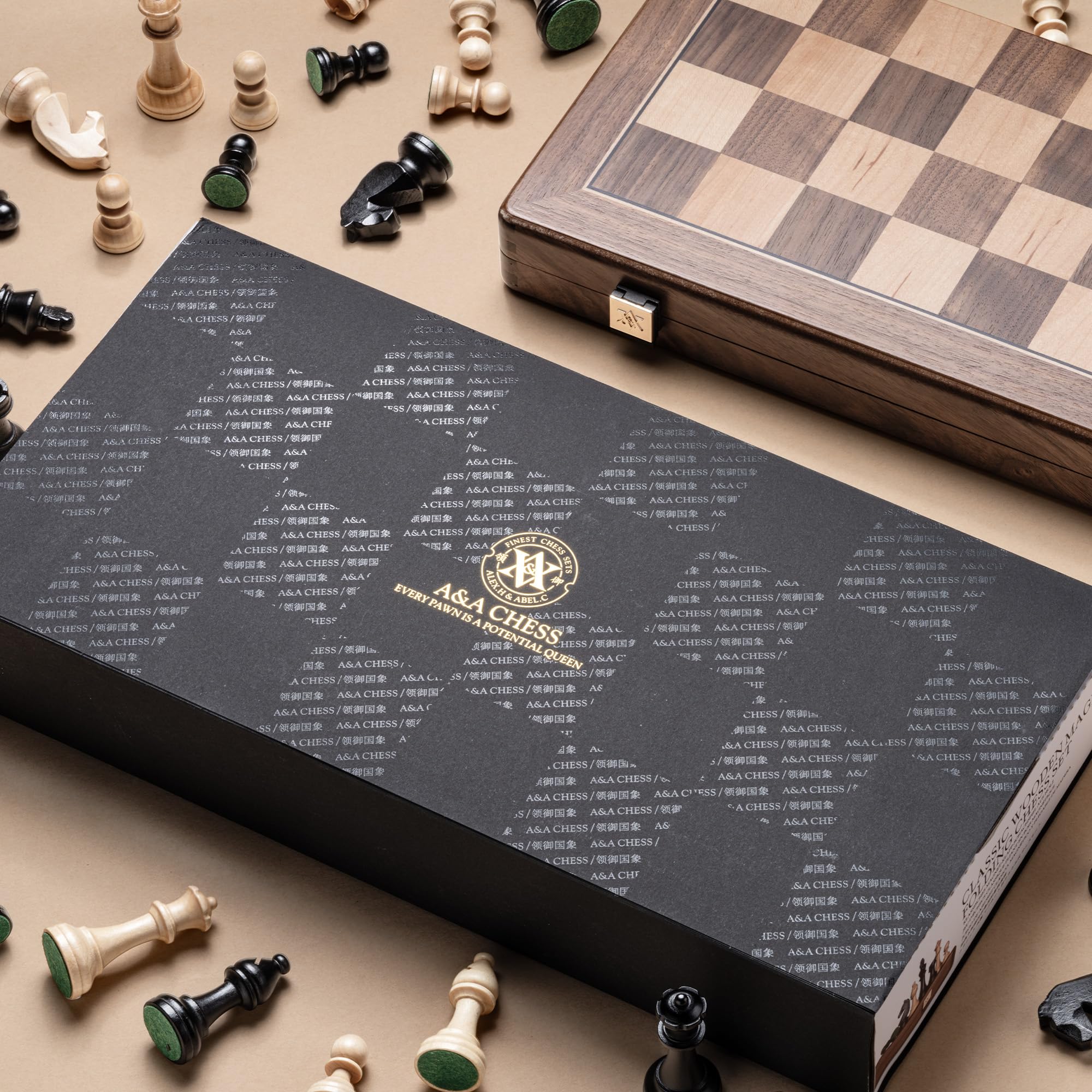 A&A 15 inch Wooden Folding Chess Set w/ 3 inch King Height Staunton Chess Pieces / 2 Extra Queens - Natural Walnut Wood