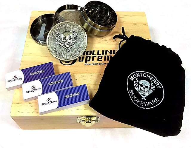 MONTCHERRY Brand Exclusive Products(4 Part Crusher + 3 Tips) and Rolling Supreme ''Large Size'' Storage Wooden Rolling Box Combo Deal Sold by Trendz
