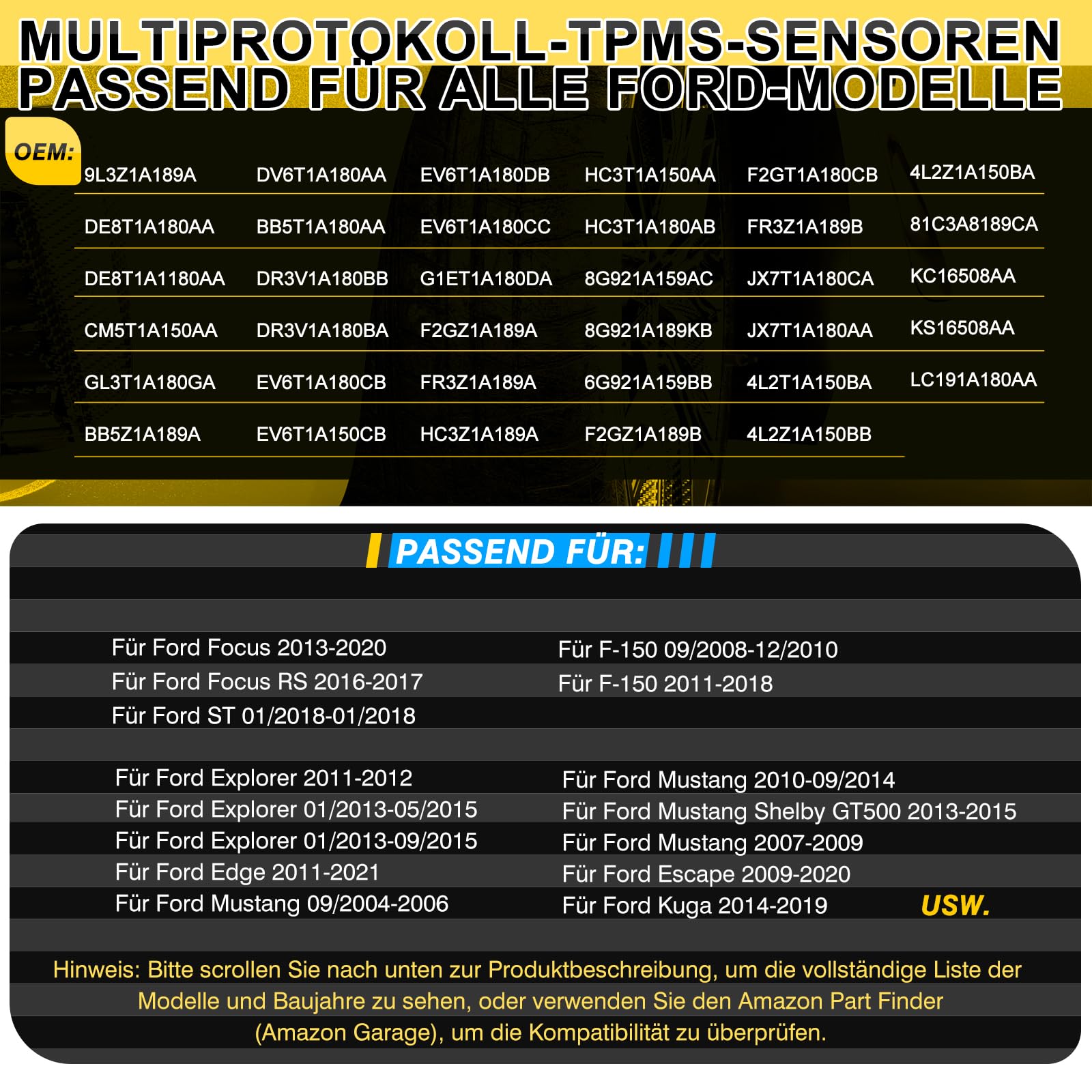 czujnik ciśnienia w oponach wieloprotokołowy TPMS Sensor RDKS Pasuje do Forda Focus F-150 Explorer Mustang Kuga dla prawie wszystkich modeli EV6T1A180DB EV6T1A180CB EV6T1A150CB, 4 sztuki