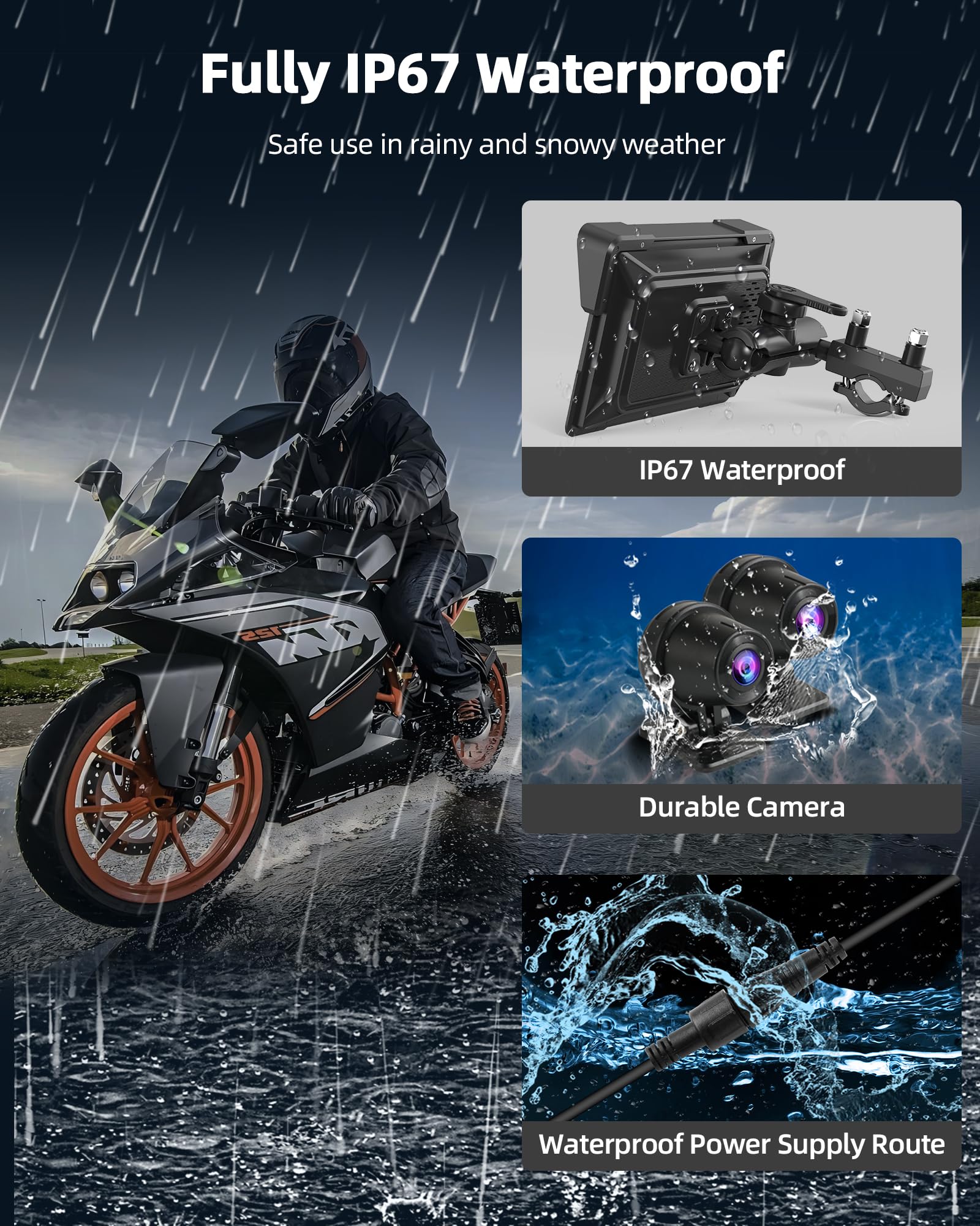 Jansite Moto Carplay Android Auto con cámara de salpicadero 2K delantera trasera, dispositivo de navegación de 7 pulgadas, IP67 resistente al agua, doble pantalla Bluetooth, grabación continua 64 G TF