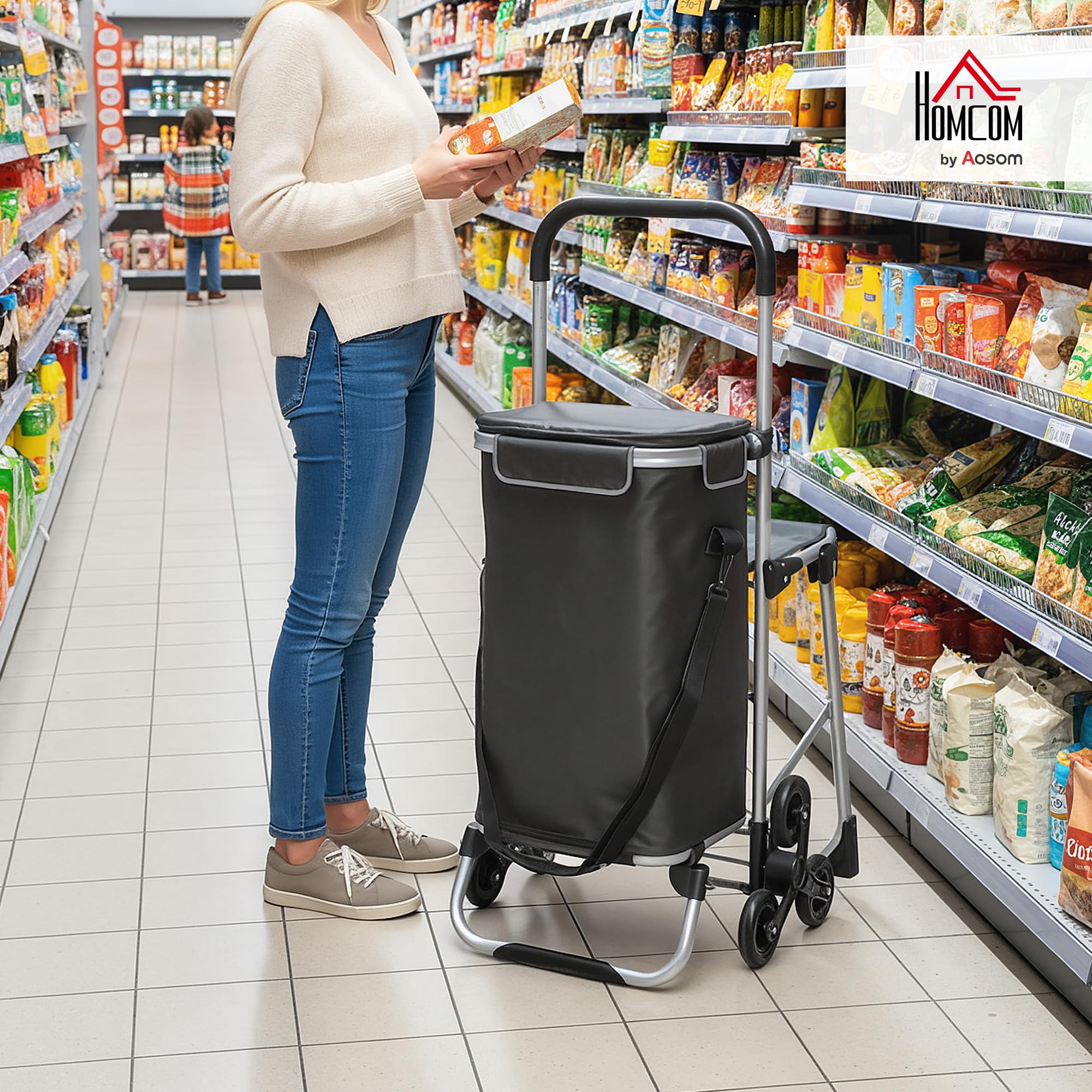 HOMCOM 3-in-1 Einkaufstrolley Klappbar mit Sitz 40L Kapazität Duneklgrau