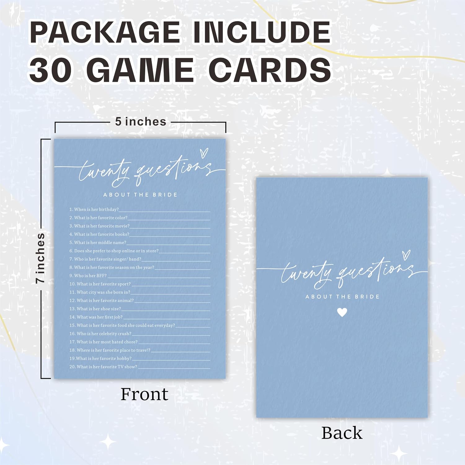 Bridal Shower Game Cards - Twenty Questions about The Bride - 30 Pcs Blue Minimalism Wedding Game Cards, Engagement Party Game, Modern Bridal Shower Party Favor & Decorations - B05 image 2