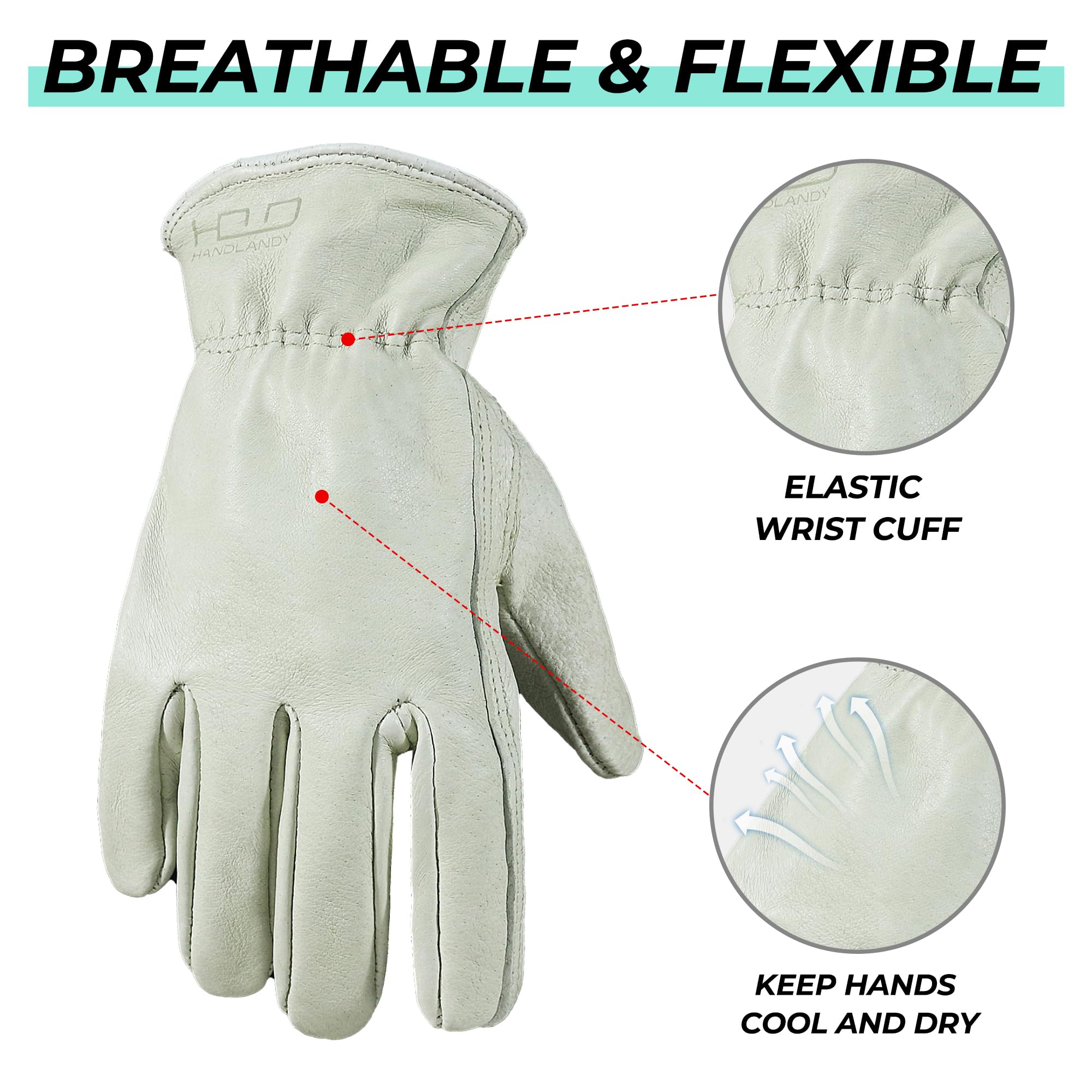 HANDLANDY Leather Gardening Gloves for Men and Women Utility Leather Work Gloves Breathable Garden Yard Mechanic Working Gloves (Beige - Image 3