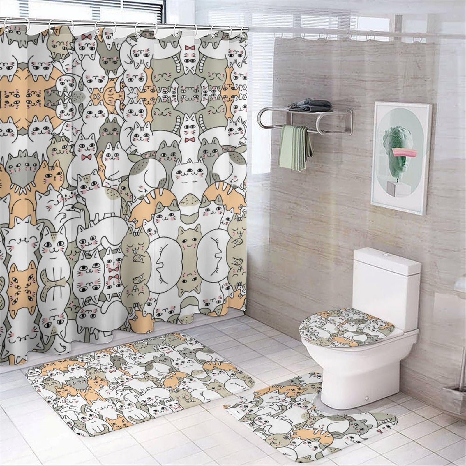 JZemdybill Bathroom Mat Set 4 Piece, Cat Pattern Shower Curtain with Non-Slip Bath Mats for Bathroom