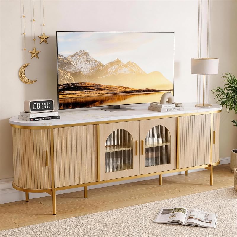MXV 70" Fluted TV Stand for TVs up to 80", Mid Century Modern Entertainment Center with Sliding Doors & Glass Door, TV Console Table with Faux Marble Top for Living Room, Oak image 5