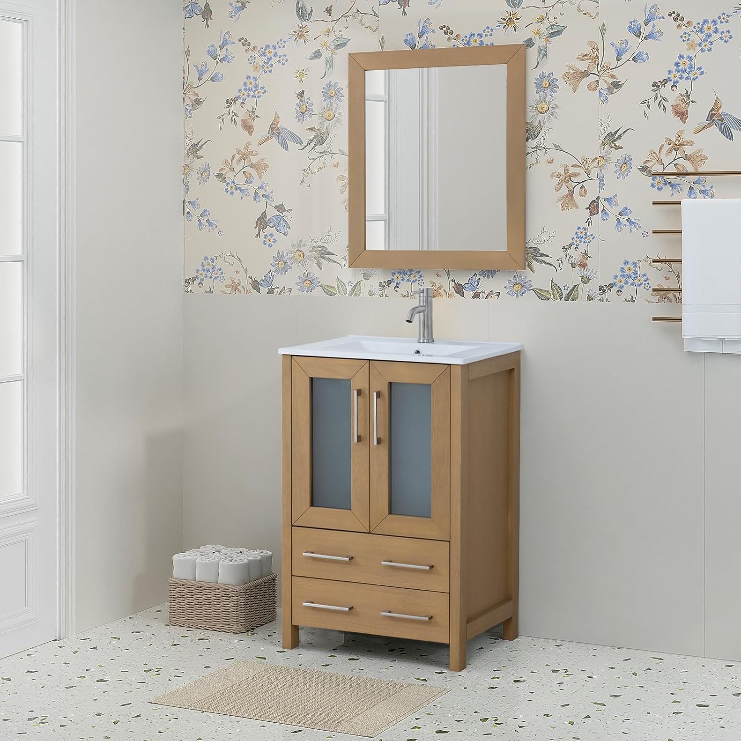 HOMEBEYOND 24 Inch Modern Bathroom Vanity with Sink & Mirror, Single Vanity Cabinet with Basin and Mirror, Dove-Tailed Drawers, Soft-Closing Doors, Wood, Natural Oak