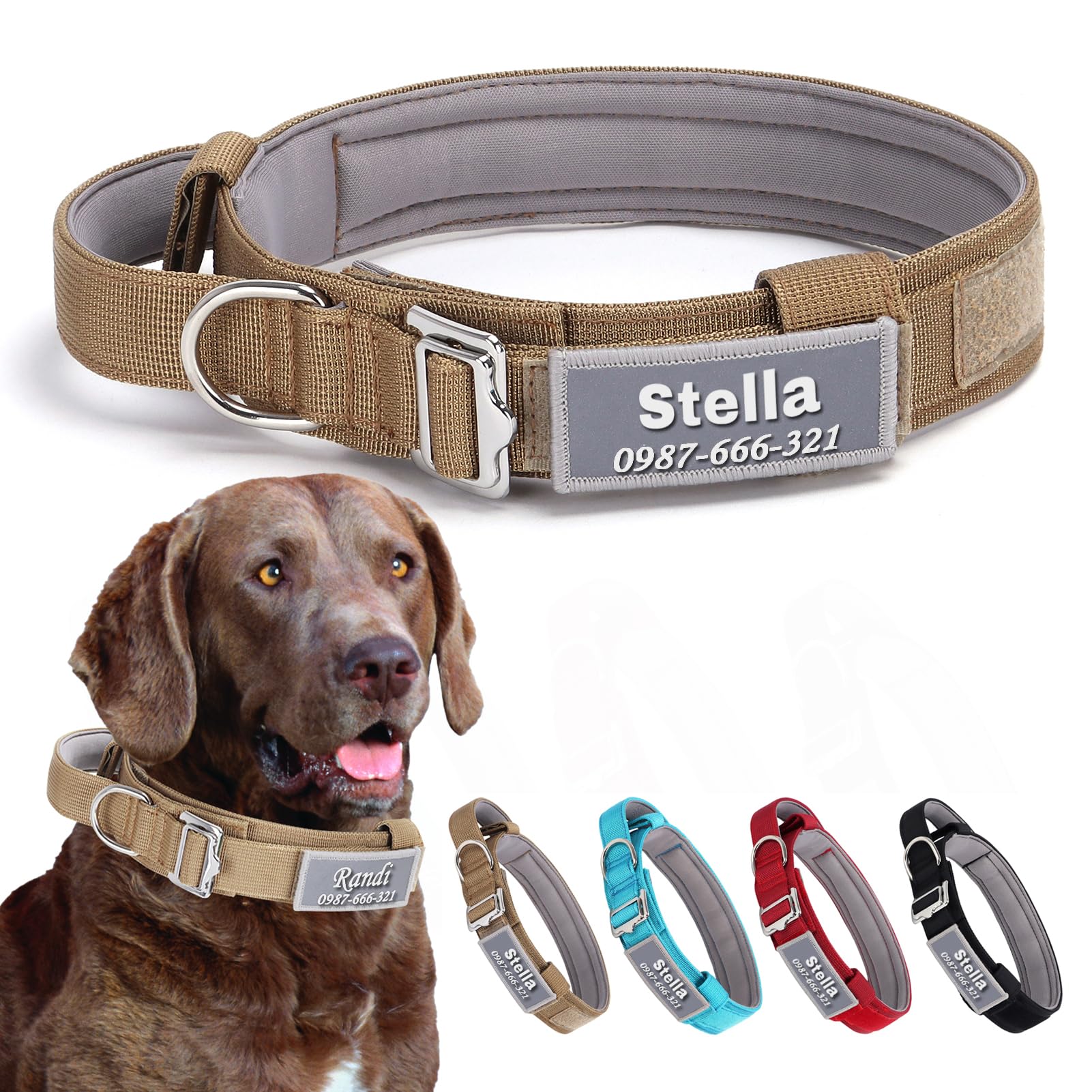 Personalised Dog Collars with Name and Phone Number Custom Dog Collar with Handle Adjustable Training Collar Tactical Collar Premium Nylon Lightweight Dog Collar for Medium Large Dogs