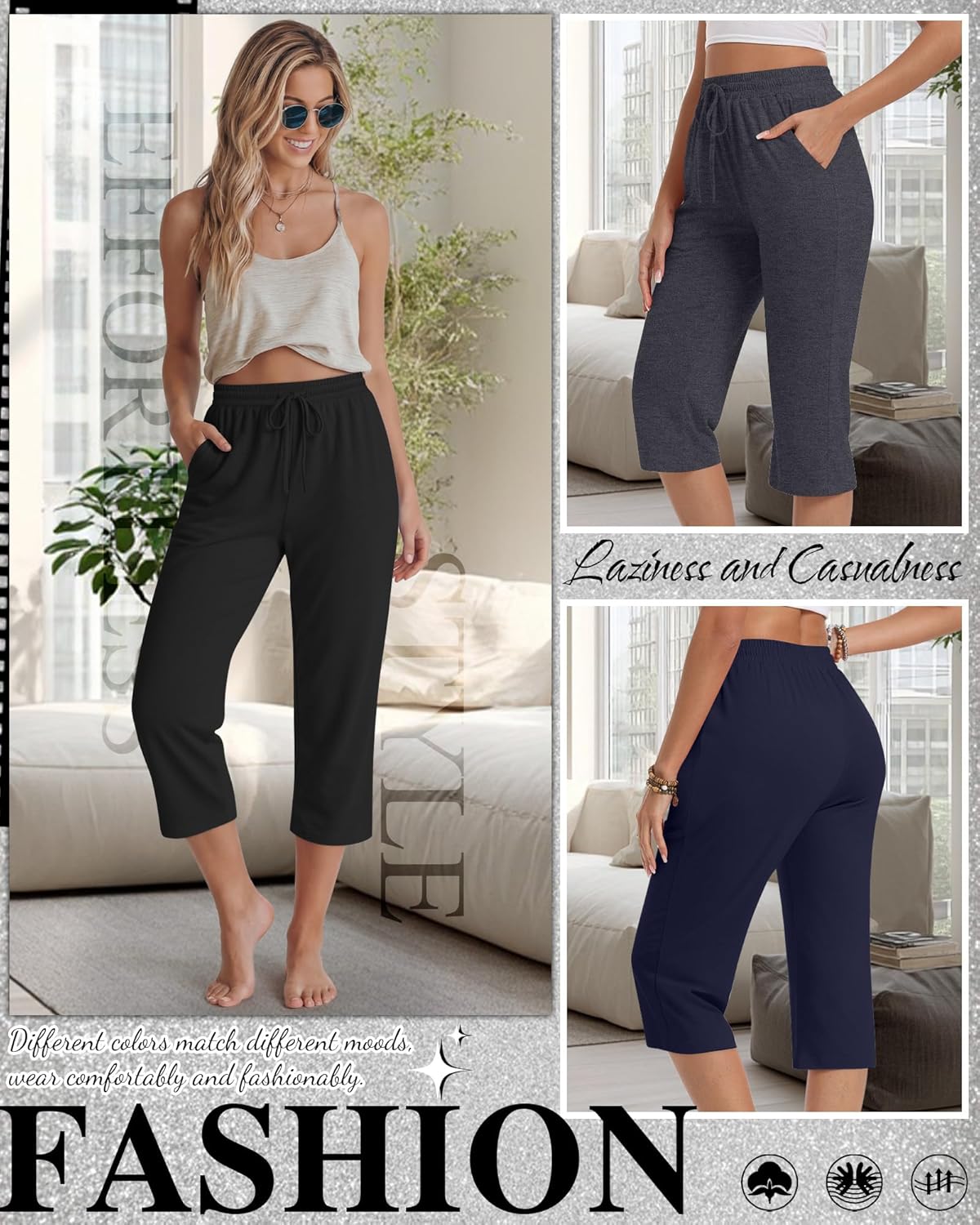 Neer 4 Pack Women's Capri Pants Wide Leg Yoga Capri Sweatpants Drawstring Summer Lounge Loose Fit Cropped Pants with Pockets - Image 6