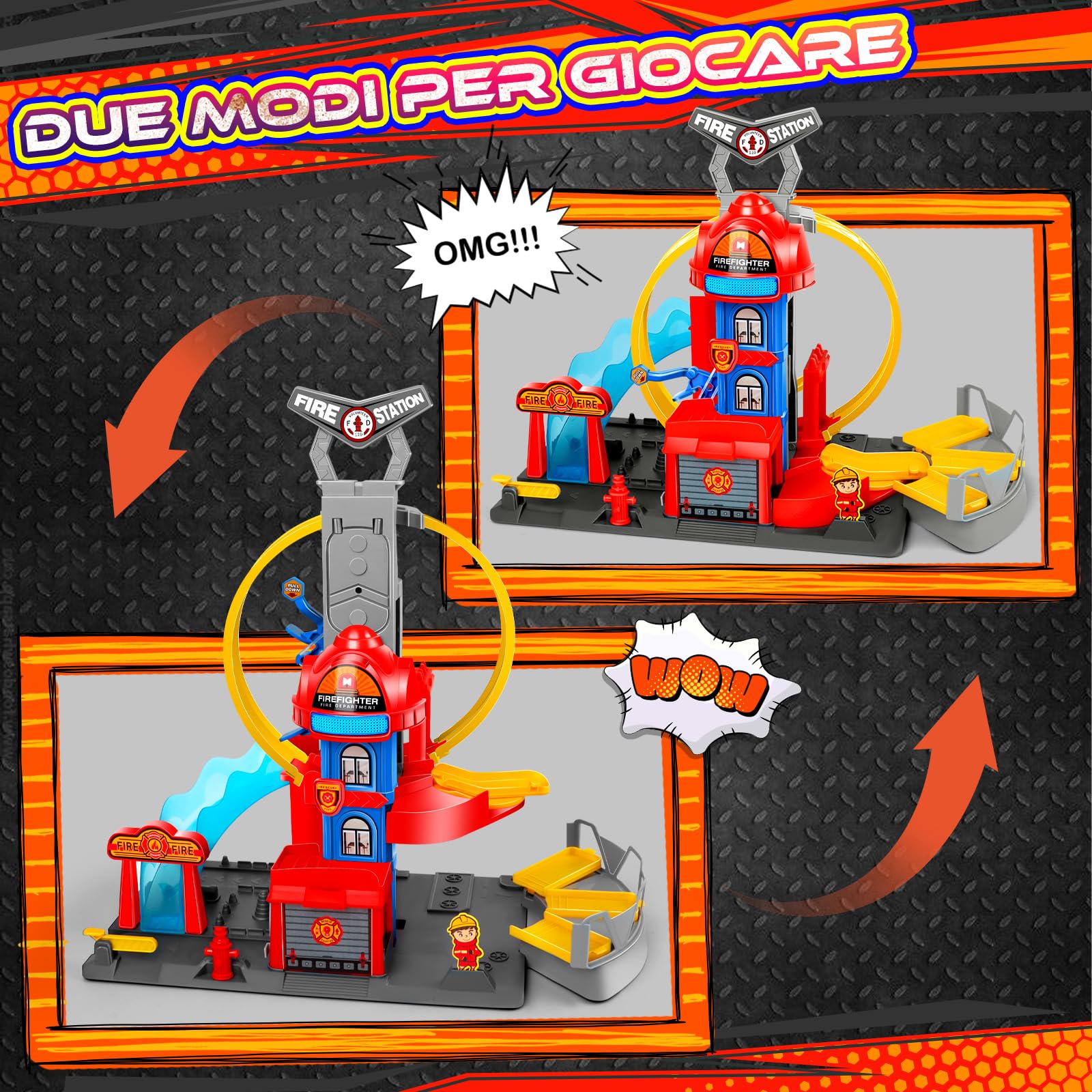 Charmofun City Caserma dei Pompieri con Super Loop, Set di Pista per Macchinine con 4 Macchinine, 3 Parcheggi, Piste con Ascensore e Luci e Suoni, Circuito a Lancio Giocattolo per Bambini dai 4 Anni