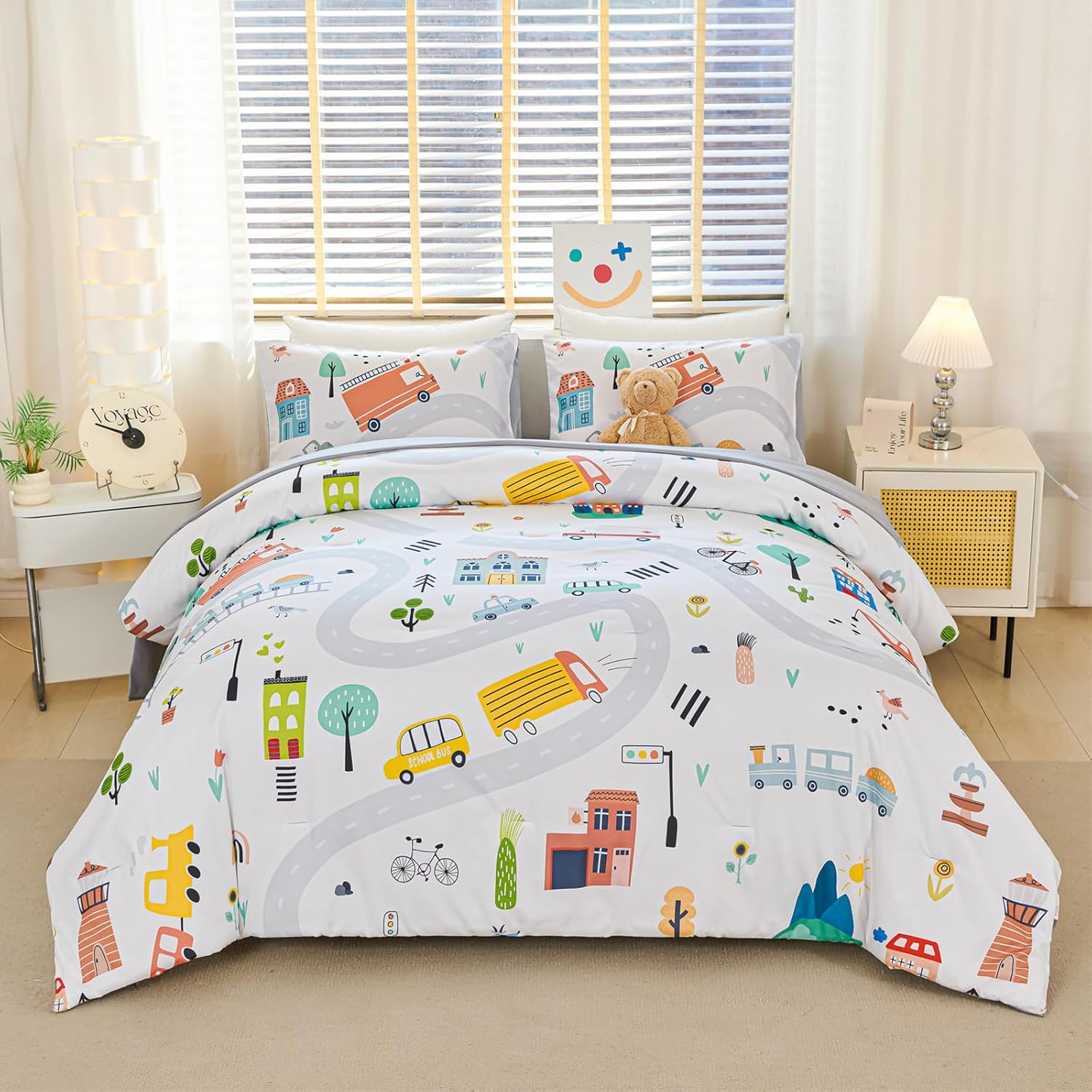 YOU SA 5Pcs Car Comforter Bed Set for Kids Queen Size Cute Bedding Sets with Sheet for Boys Teens Cartoon Vehicles Bed in a Bag, White