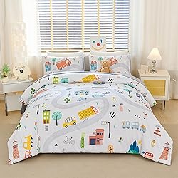 YOU SA Kids Cars Comforter Set Twin Size 5Pcs Cartoon Trucks Bedding Set for Teens Boys Soft Colorful Vehicles Bed in a Bag with Sheet, White