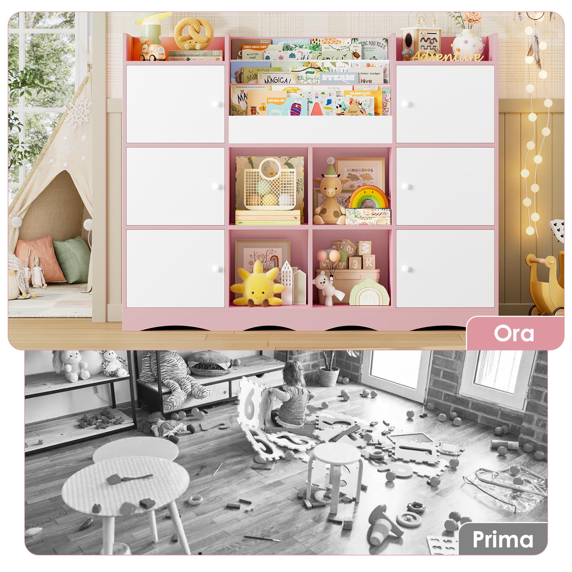 FOREHILL Organizer Giocattoli, Porta Giochi Bambini a 6 Scomparti con Ante, Mobile Porta Giochi a 4 Vani Portaoggetti Aperti, con Portariviste, per Cameretta e Sala Giochi, 140x30x106 cm (Rosa)