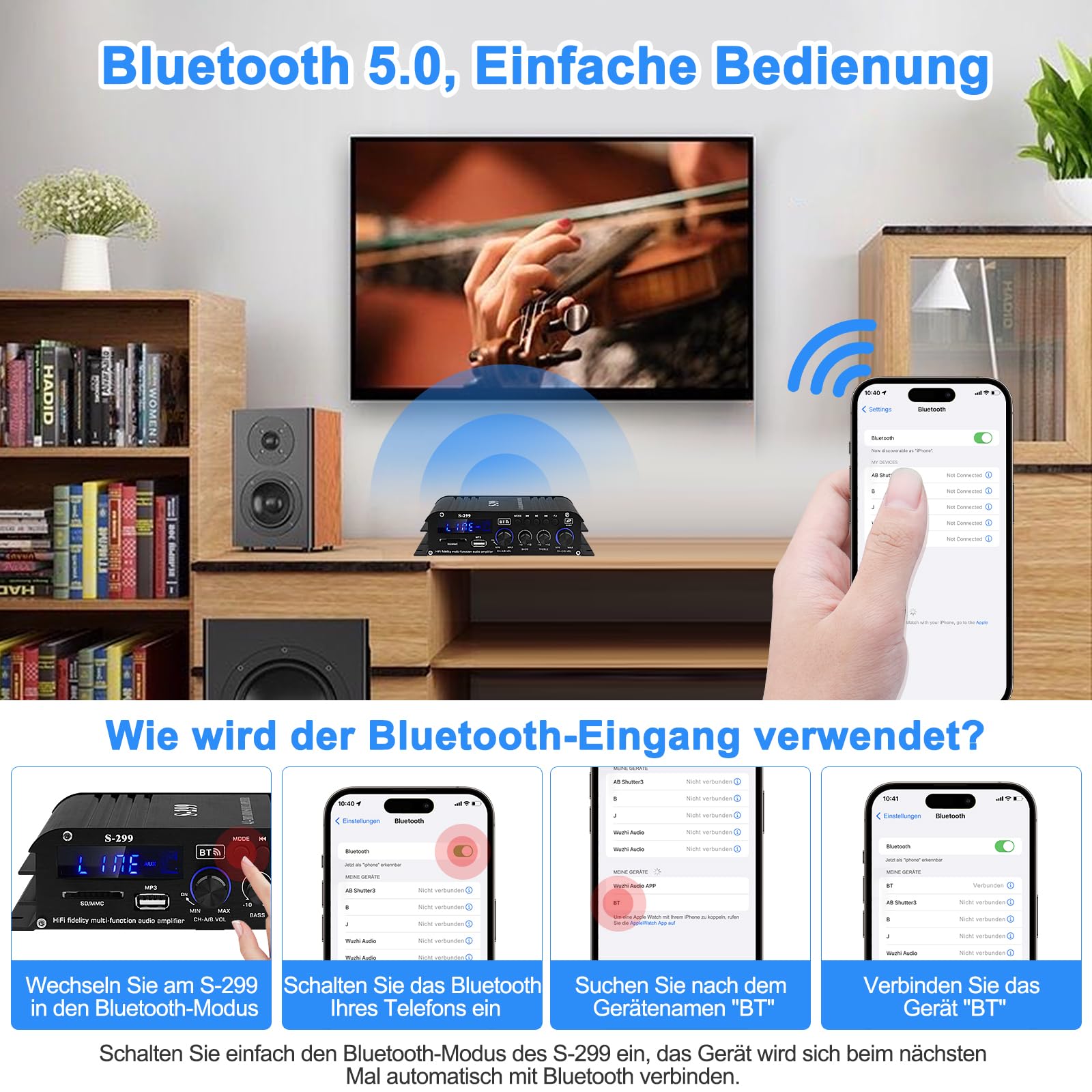 Wzmacniacz HiFi z Bluetooth, S-299 4.1-kanałowy RMS 40 W x 4 + 50 W maks. 800 W Bluetooth 5.0 mini wzmacniacz audio, subwoofer z gniazdem USB SD, AUX, radio FM DC 12 V/5 A do głośników domowych