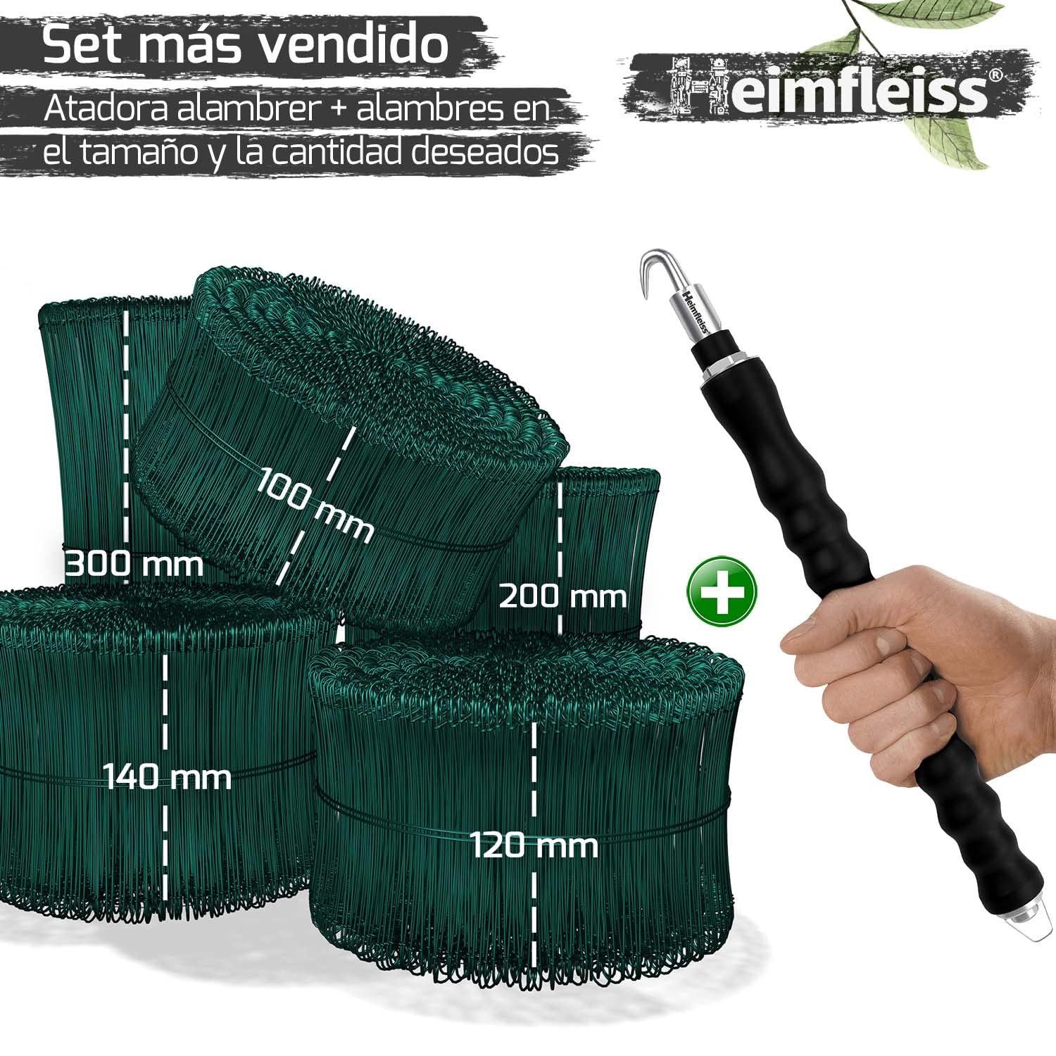 Heimfleiss® atadora alambre + alambre revestido de PVC 1,4 x 100-300mm (1000 uds.) - Set trenzador alambre, amarrador de alambre y alambre de sujeción - Atador alambre, alambre de torsión de ojal