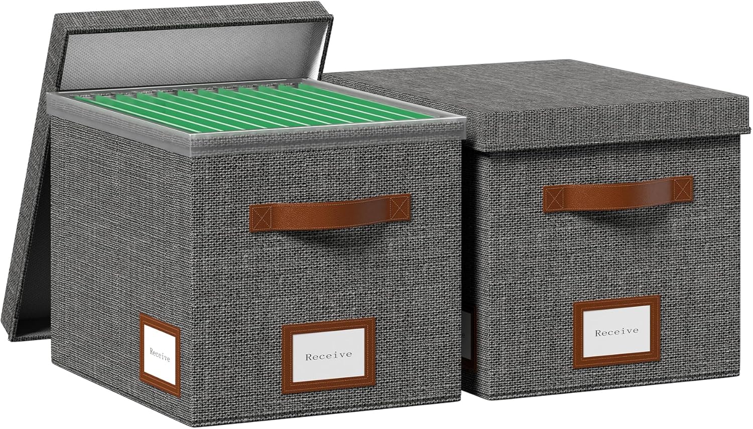 File Organizer Box with Lid File Box for Hanging Decorative File Organizer with One-Piece Integrated Plastic Slide Rail(Grey, 13.2x10.1x10.1inch(2pack))