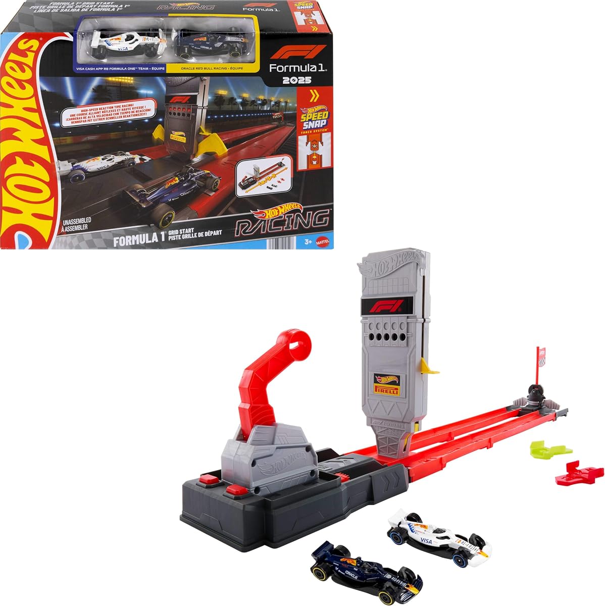 Racing Formula 1 Grid Start Track Set with 2 Die-Cast Cars | F1 Playset with 1:64 Scale Oracle Red Bull Racing & Visa Cash App Racing Bulls Formula One Team Vehicles